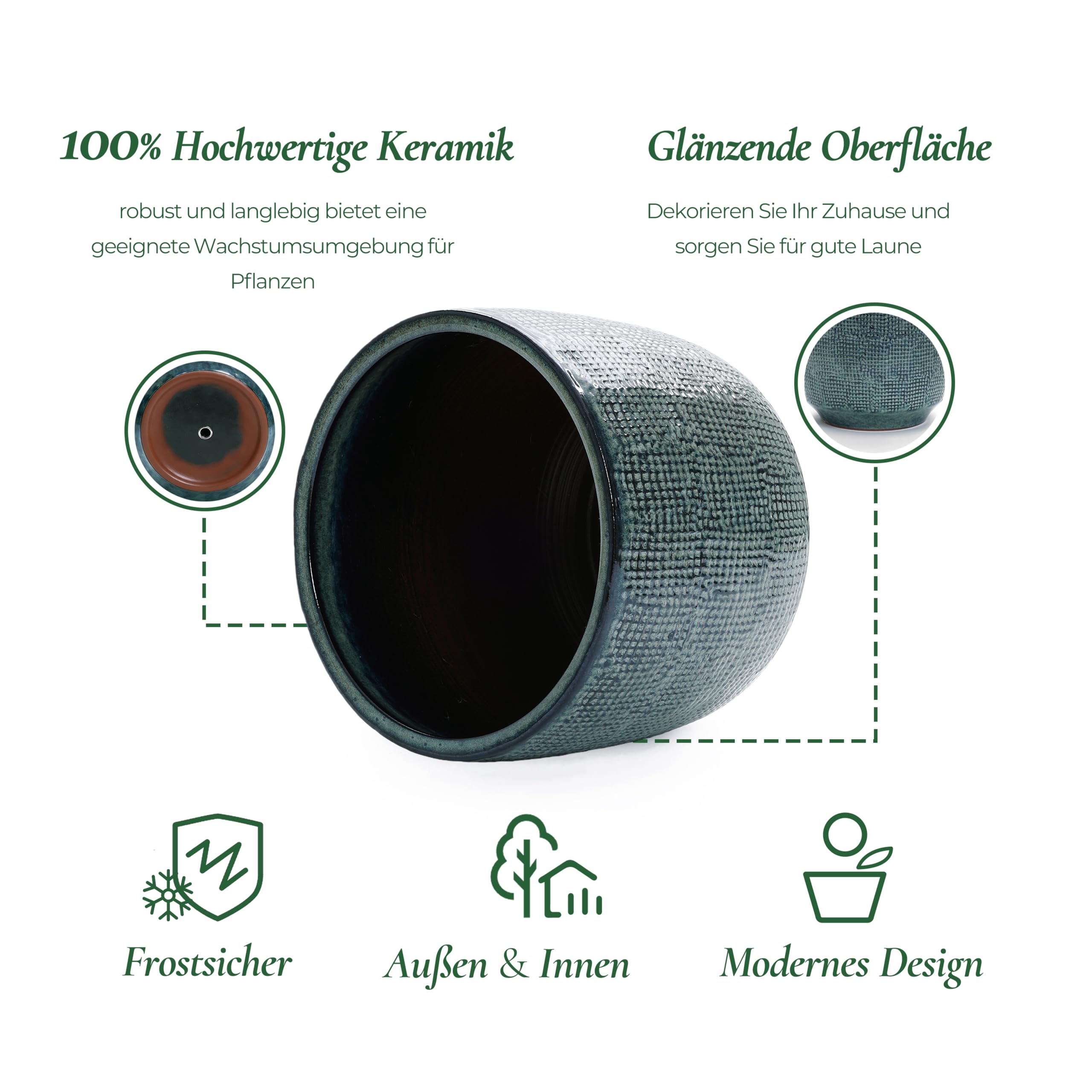 Hometopia Keramik Blumentopf Groß, Round Übertöpfe Außen & Innen, Massiver Pflanzkübel mit Drainage-Loch ideal für Wohnzimmer, Küche und Balkon (Dunkelgrün, Ø30xH28 cm)