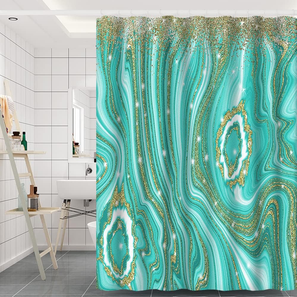 Turquoise Marble Shower Curtain 72x78 Inch Abstract Gold Quicksand Glitter Modern Artistic Luxury Home Decorative Polyester Waterproof Fabric Bathroom Shower Curtain Sets with Hooks