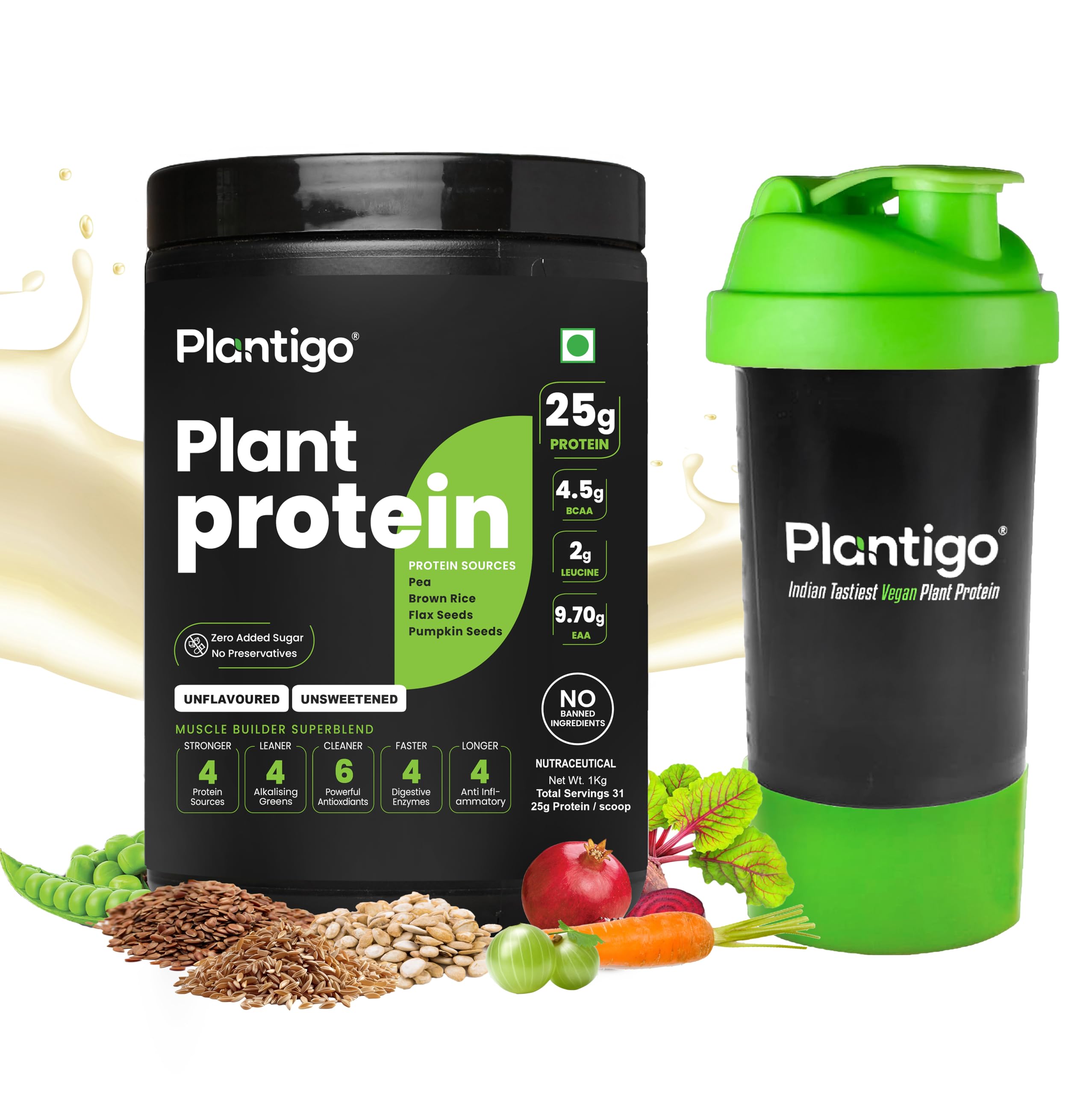 Plantigo Clean Plant Protein Powder | No Preservatives, No Banned Substances |Super Protein Blend- Pea, Brown Rice | Protein For Men, Women (Unsweetened, Unflavored - 1kg + Shaker Bottle 600ml)