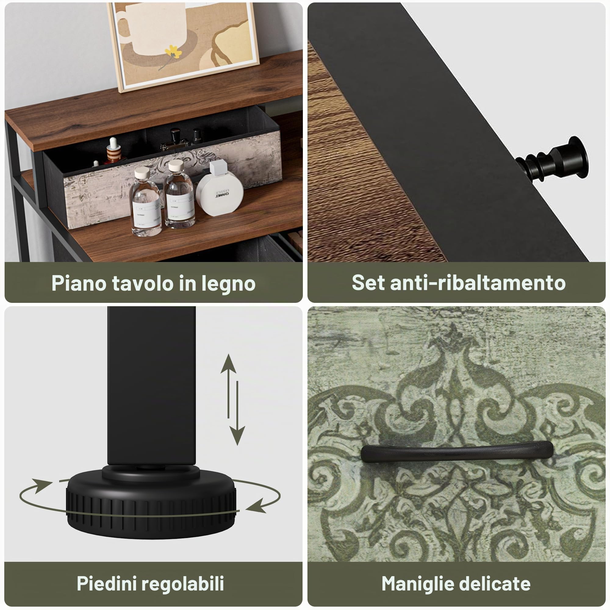 Tavolo da toeletta in legno con 8 cassetti, scrivania con cassetto e deposito in stile industriale, tavolo da trucco vintage senza specchio, mobile multiuso per camera da letto o ufficio (legno, 121 x