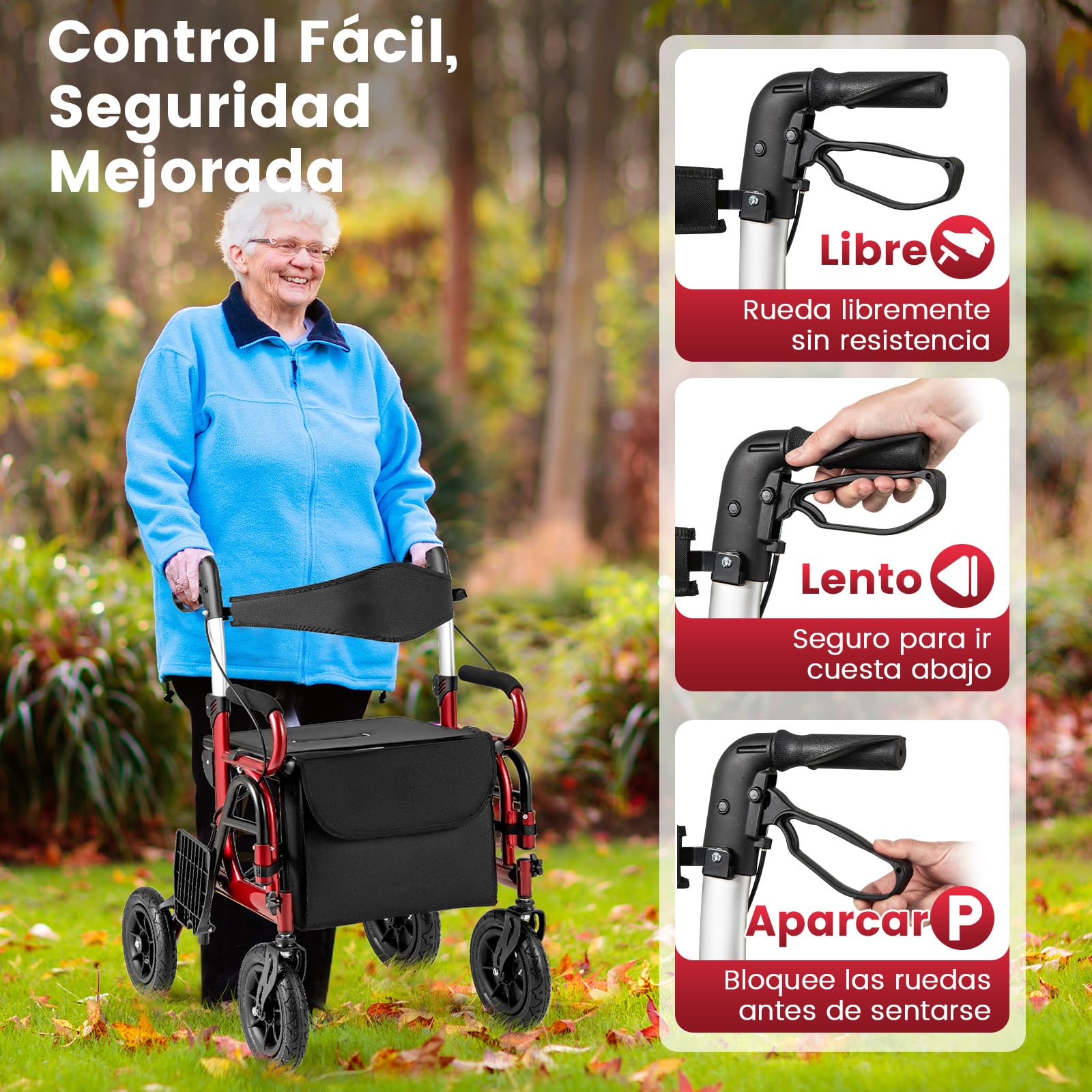 COSTWAY 2 en 1 Andador para Ancianos con Asiento, Taca Taca Adultos Plegable, Silla de Ruedas de Neumáticos, Altura Ajustable, Reposapiés abatibles, Estructura de Aluminio Ligera (rojo)