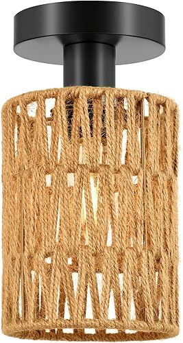 Lámpara de techo estilo bohemio, mini lámpara de araña de ratán con bombilla LED regulable, lámparas de techo tejidas a mano, montaje empotrado para