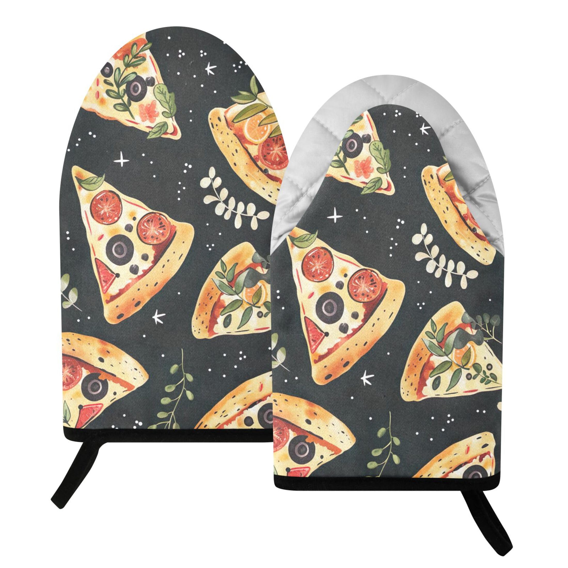 Kutsu Pizza Slices Oven Mitts for Kitchen, Heat Resistant Cotton Oven Gloves for BBQ Baking Cooking, Breathable Kitchen Essentials, 2 pcs