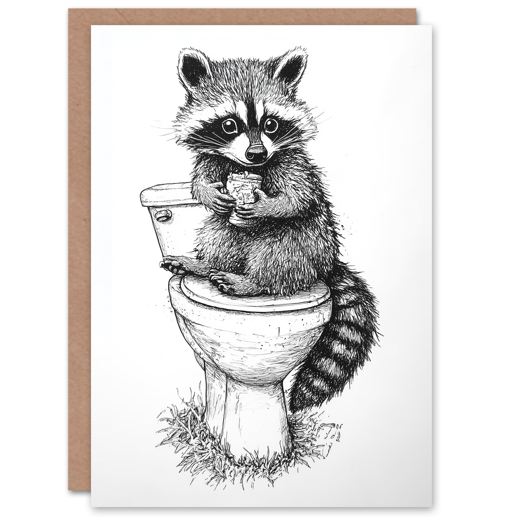 Artery8 Greeting Card Cute Raccoon On Toilet Funny Black White Drawing Blank For Him Or Her Art Birthday Card