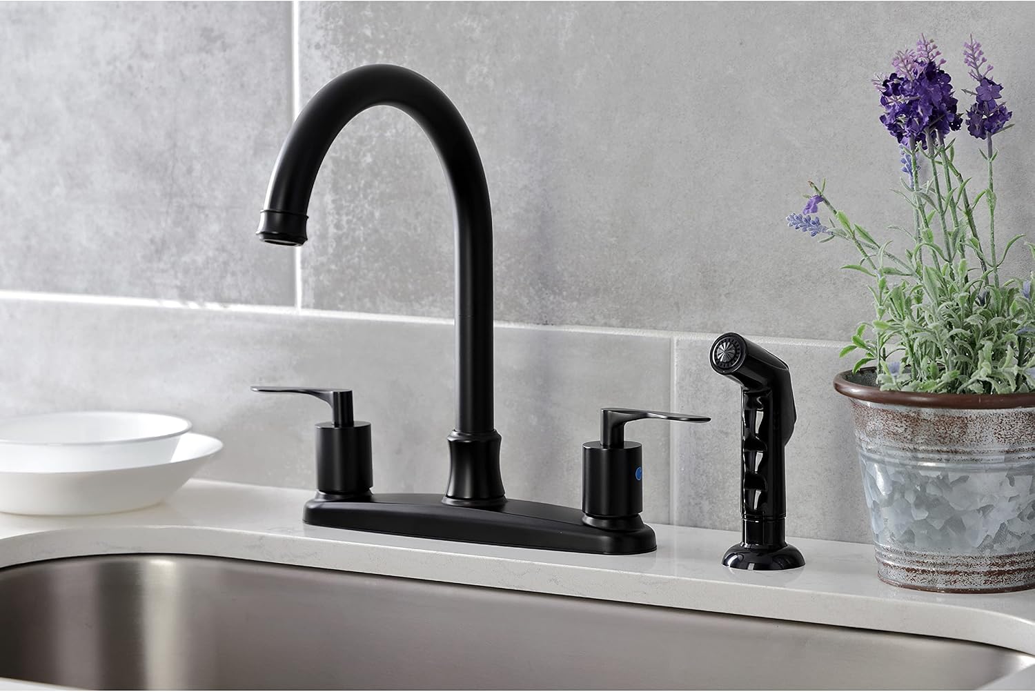Kingston Brass FB7790SVLSP Serena Centerset Kitchen Faucet with Plastic Sprayer, Matte Black