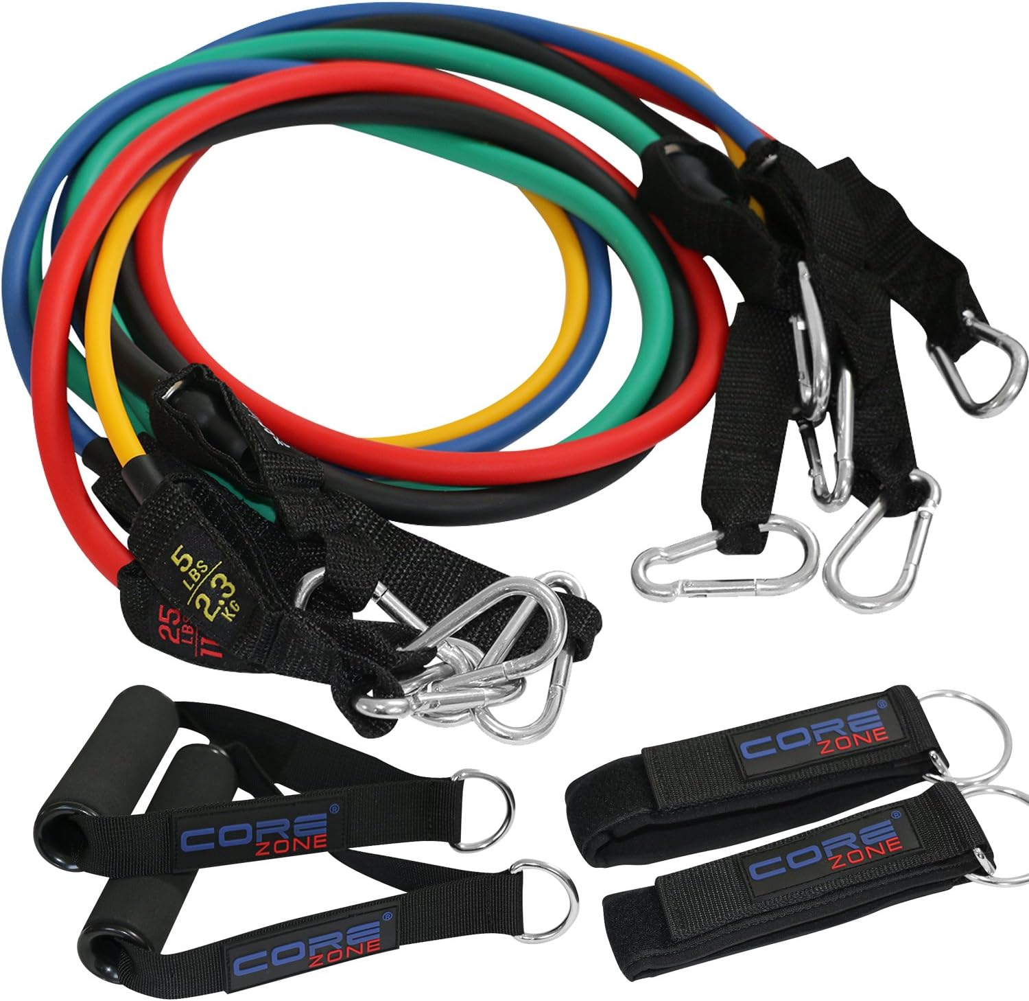 COREZONE Exercise Resistance Bands Set, Fitness Strong Hook Resistance Bands Set with 5 Fitness Tubes/Handles/Door Anchor/Ankle Straps/Carrying Pouch/Best for Men and Women