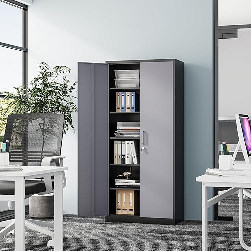 Miniatura 20 de Armario de almacenamiento de metal de 71 pulgadas con cerradura, resistente, gabinetes de herramientas de garaje con puertas y estantes, gabinete