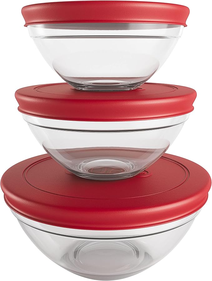 Potes de vidro redondos com tampa plástica em vista frontal