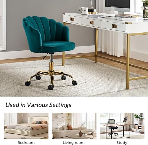 Miniatura 7 de HULALA HOME Silla de oficina en casa de terciopelo con base dorada, moderna y bonita silla de escritorio tapizada para tocador, silla giratoria