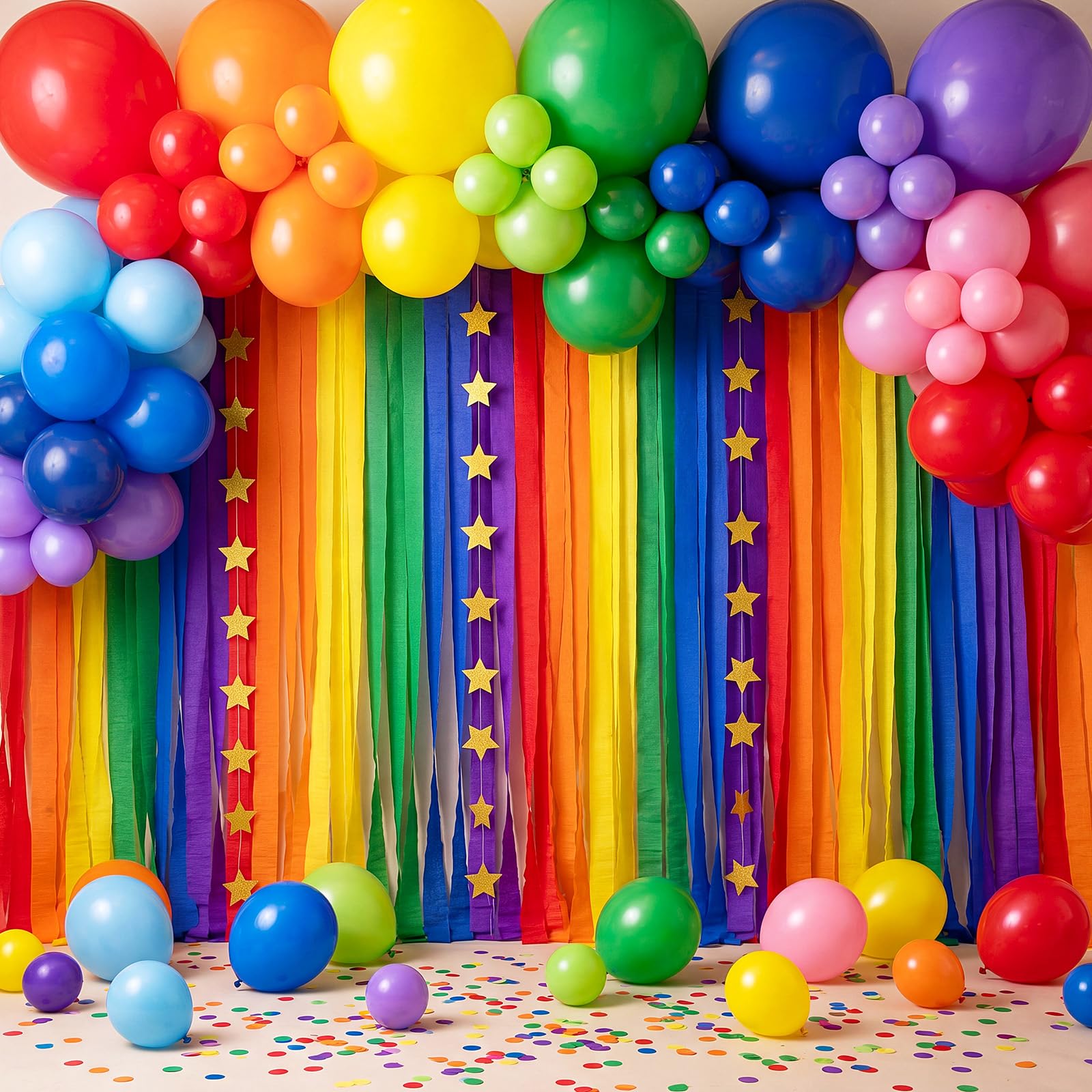 Kit di 145 palloncini arcobaleno per decorazioni fai da te, con palloncini in carta crespa e ghirlanda di stelle per compleanno, ritorno a scuola, carnevale, feste estive (arcobaleno)