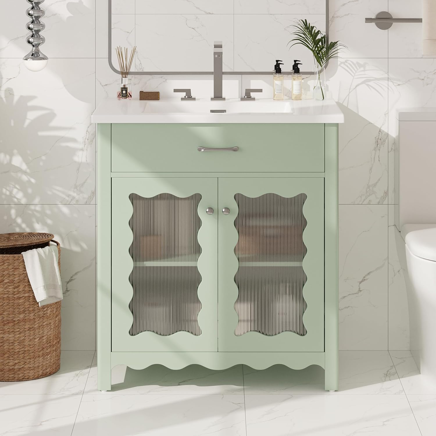 30 Inches Bathroom Vanity with Tempered Glass, Modern Bathroom Cabinet with Rubber Wood Legs and Soft Close Doors, Green