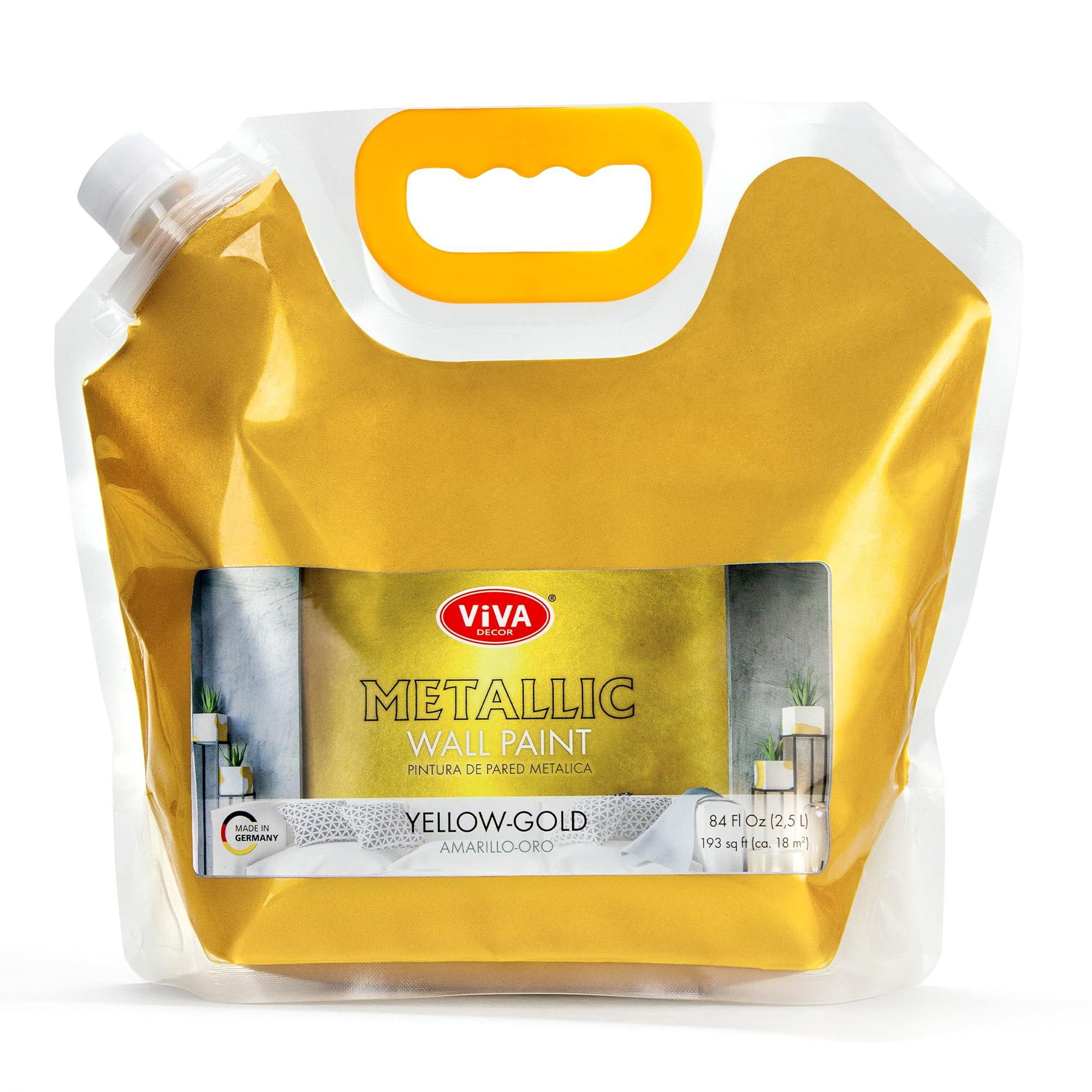 Viva Decor Metallic Wandfarbe 2,5 L - Gelb Gold - Effektfarbe Wand für stilvolle Wandgestaltung, wasserbasiert & abriebfest, leicht aufzutragen, langlebige Wandfarbe mit intensivem Metallic Effekt