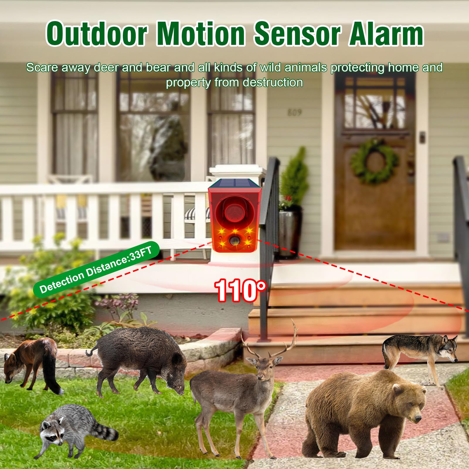 ChunHee Alarma solar con sensor de movimiento para exteriores con sonido de disparo de ladrido de perro, grabación de soporte y volumen ajustable, alarma detector de movimiento de 130 dB con control