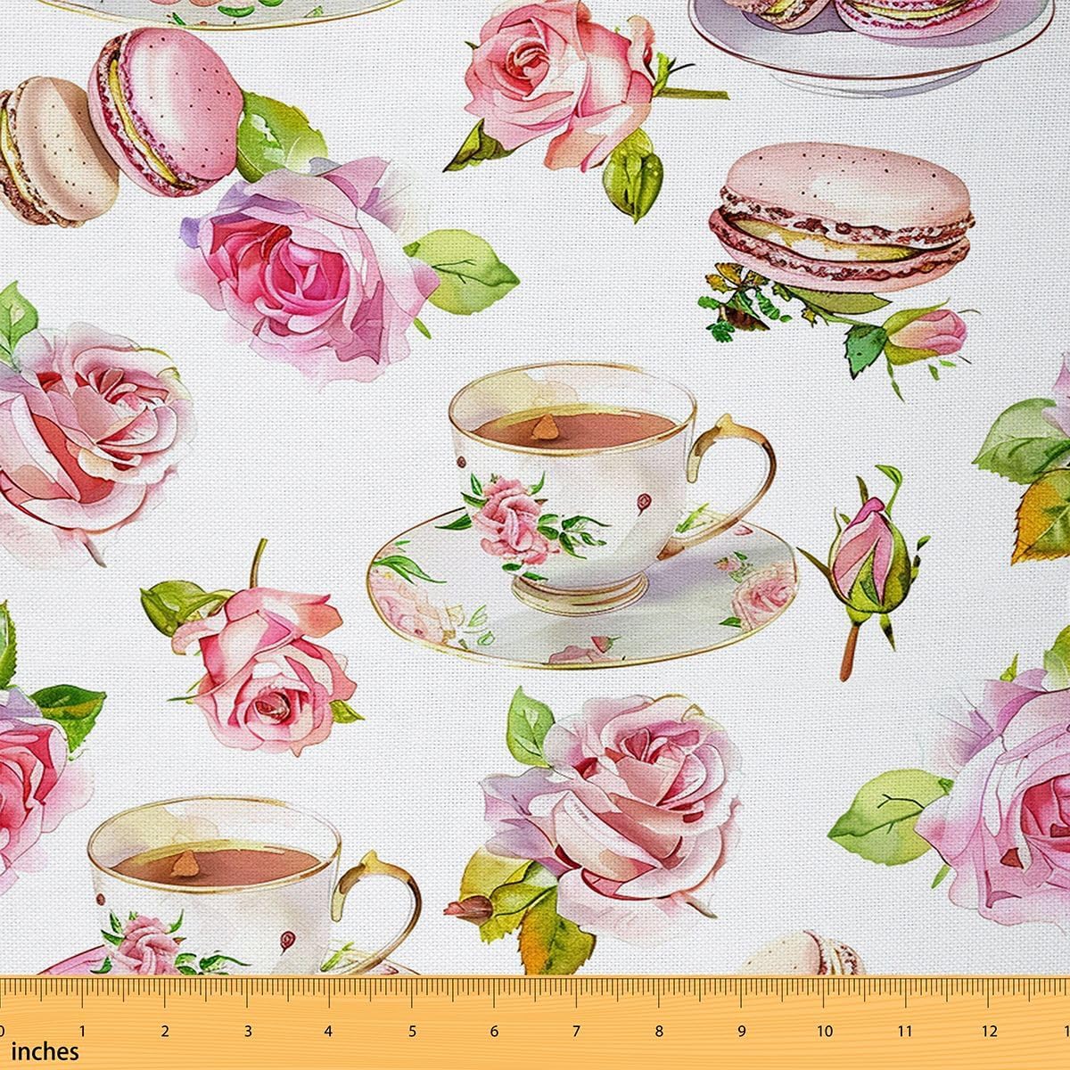 Feelyou Vintage Floral Fabric by The Yard, Romantic Teapots Flowers Theme Upholstery Fabric for Chairs and Home DIY Projects, Decorative Waterproof Fabric, 2 Yards, Light Pink