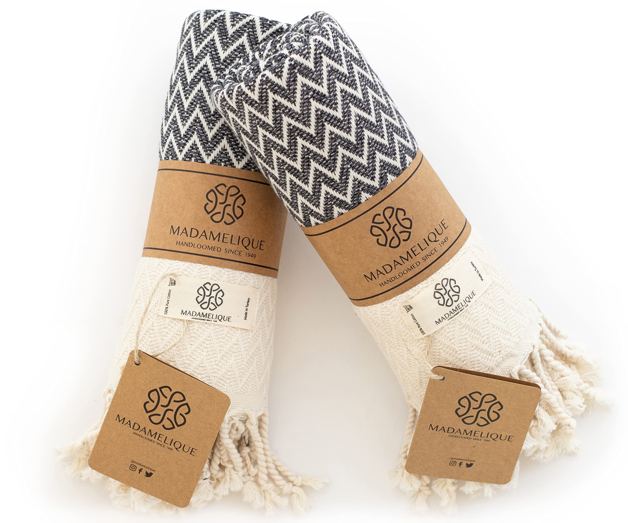 Madamelique Exclusive Hand Towels Set of 2 - 18 x 40 Inches - Decorative Bathroom Peshtemal Towel for Hand, Face, Hair, Yoga, Tea, Dishcloth, Kitchen and Bath - 100% Pure Cotton (Vintage Black)