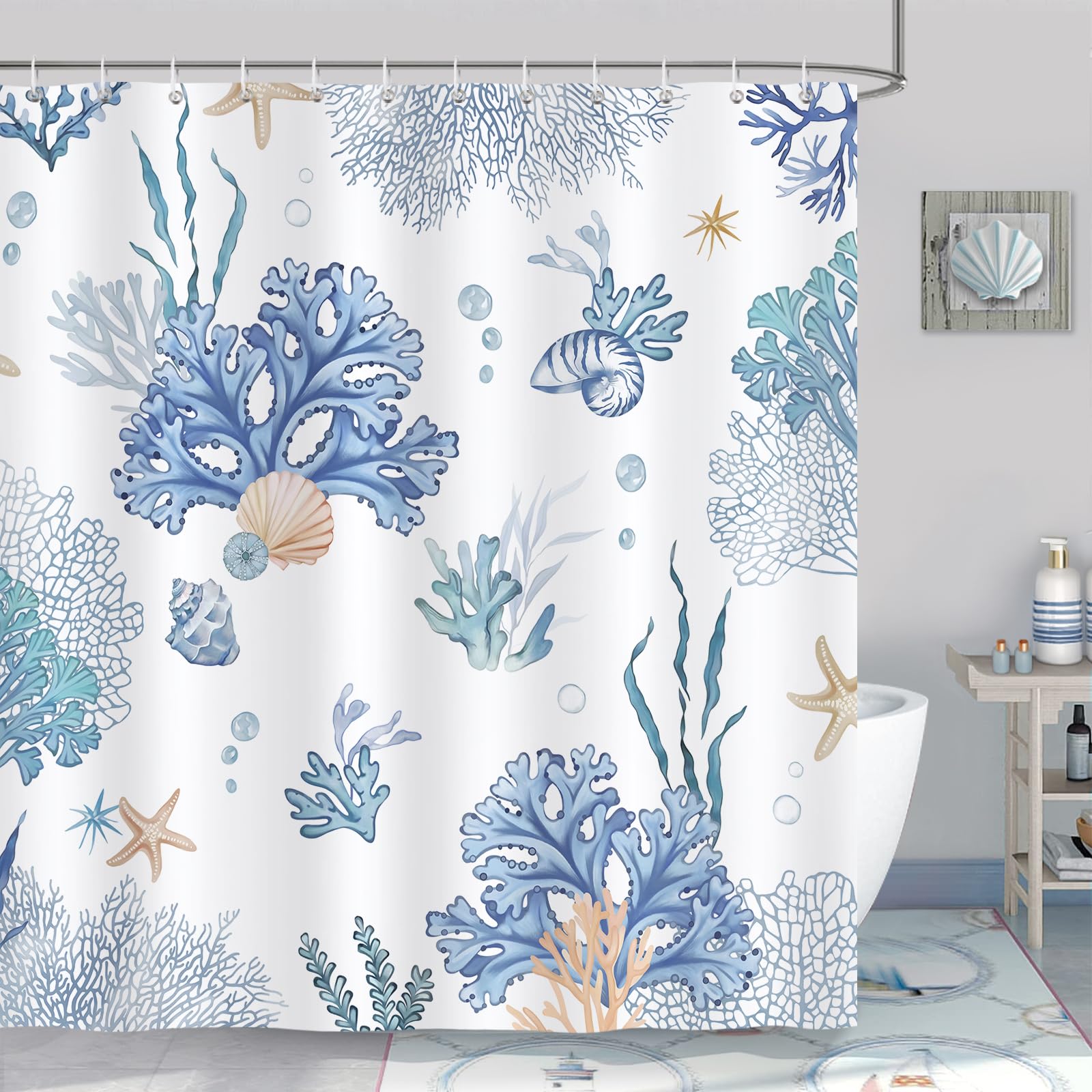 Bonhause Nautical Coastal Shower Curtain, Blue Coral Seashell Beach Bathroom Curtain 180 x 180 cm Waterproof Mildew and Mould Resistant Polyester Fabric Bath Curtain with 12 Hooks