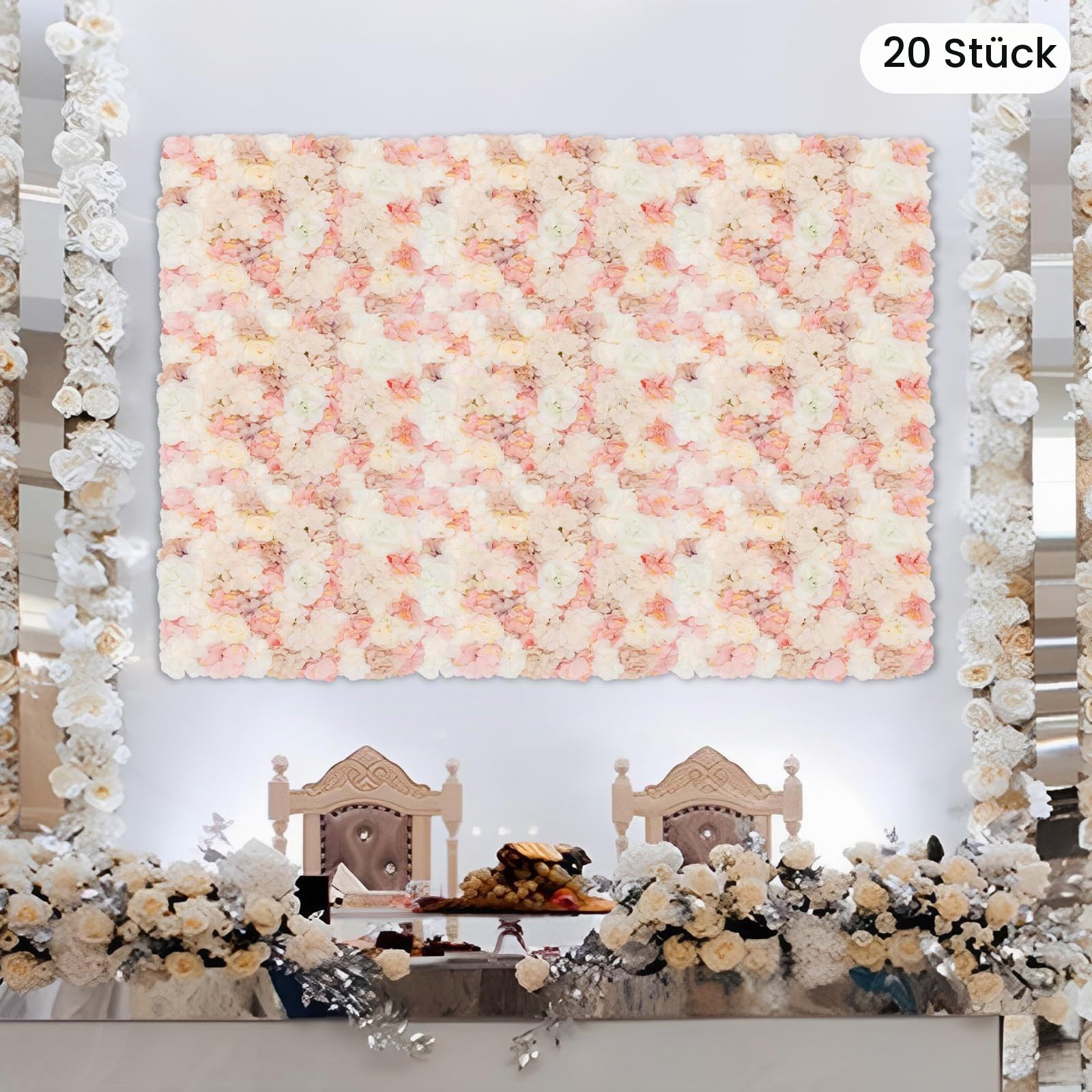 20 Stück Künstliche Blumen-Wandpaneel, 60 x 40 cm, Blumen-Hintergrund, Kunstblumen Deko Rosenwand Dahlienrose Blumenwand Deko Dekoblumen für Party Hochzeit Heimdekoration