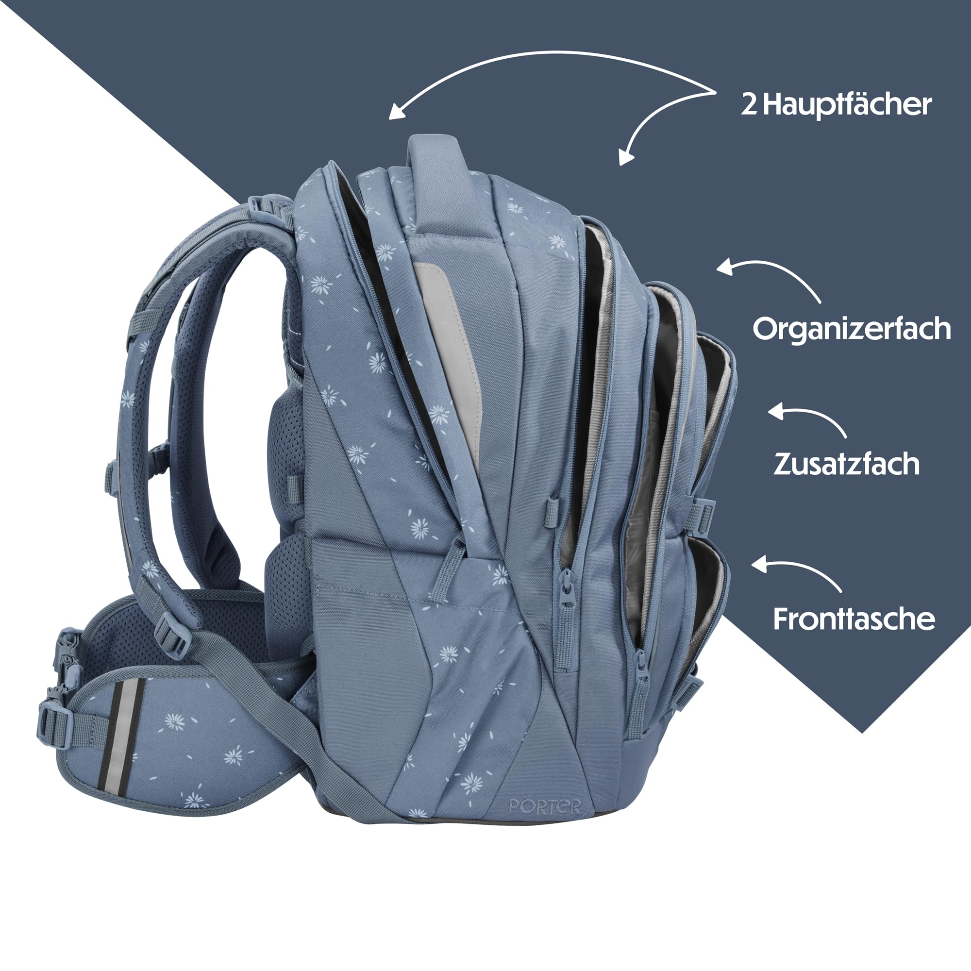 Coocazoo PORTER Schulrucksack „Bloomy Daisy”, hellgrau, ergonomischer & anpassbarer Tornister, höhen- & größenverstellbar, mit Brustgurt & Hüftgurt, ab der 3. Klasse