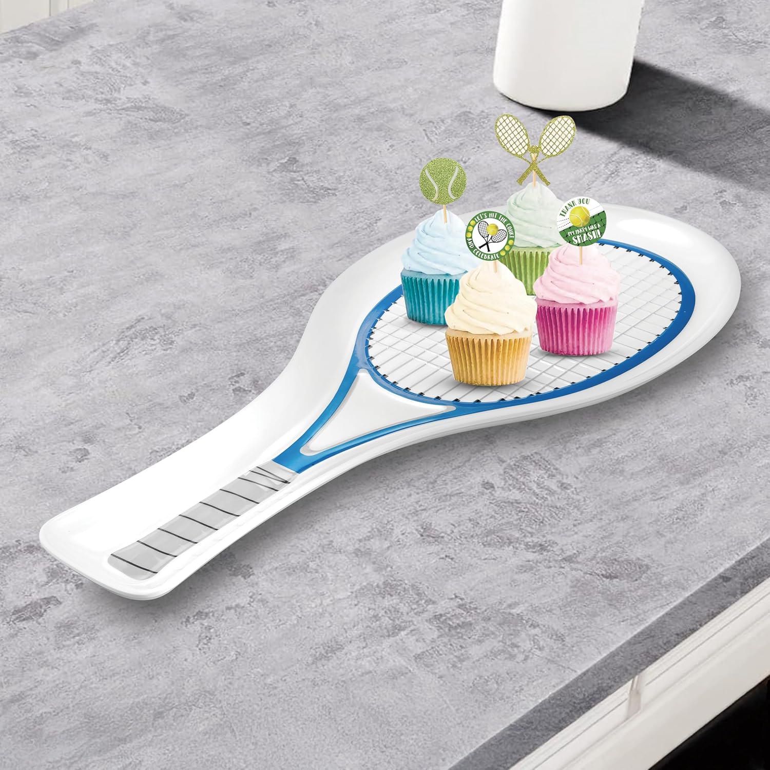 UP UPware Tennis Racquet Shaped Melamine Serving Platter, Sports-Themed Party Tray, Fun Tennis Design, for Snacks, Appetizers, and Desserts, Blue, 21 x 9.5 Inch