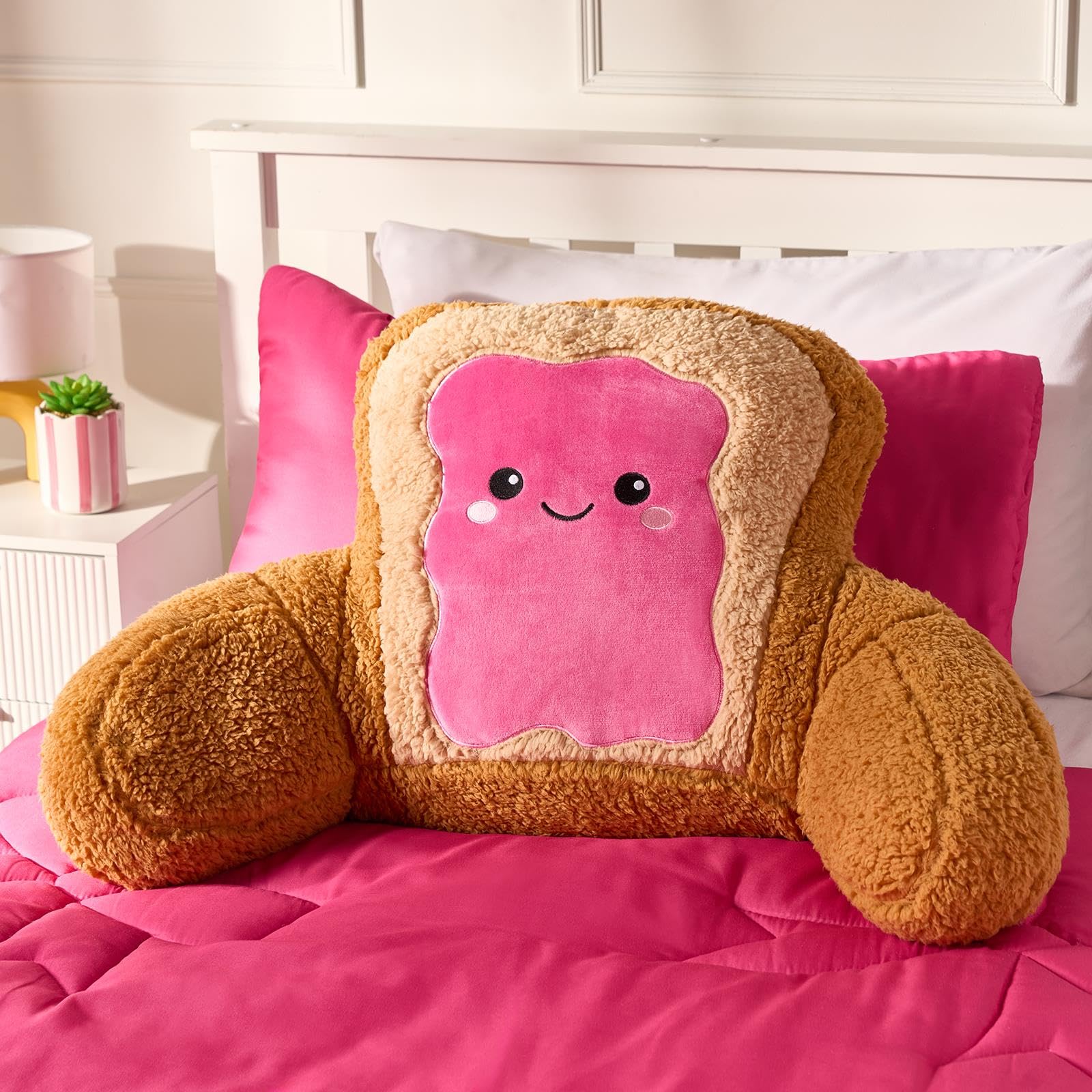 Ohs Girls Rosie The Jam Toast Jam Toast Cuddle Cushion, Reading Pillow For Bed Super Soft Teddy Fleece Kids Cushions With Arms Back Support Snuggle Hug Pillow Relaxing At Home, Natural/Hot Pink - 45 X 40 X 30Cm