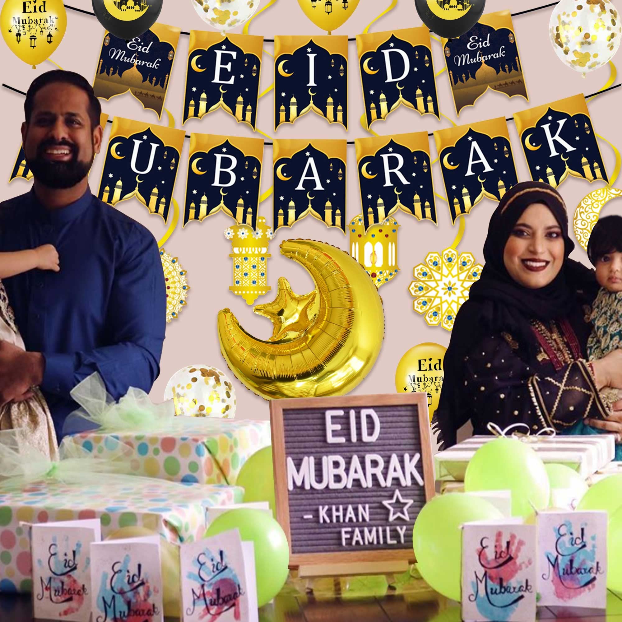 Eid Mubarak Decoration Set, Ramadan Decoration with Eid Mubarak Banner, Star Moon, Foil Balloon, Eid Garland and Eid Mubarak Balloon, Eid Decoration for Garden, Muslim Ramadan Decoration