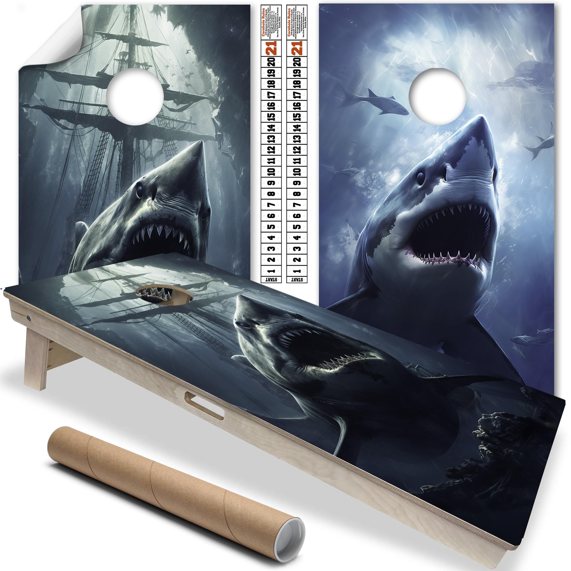 Cornhole Board Wraps and Decals for Boards Set of 2 Skins Professional Vinyl Covers Sticker Angry Scarry Sharks Close Up Vintage Ship Wreck Under Water Beach House Stickers Cornhole Wraps for Boards
