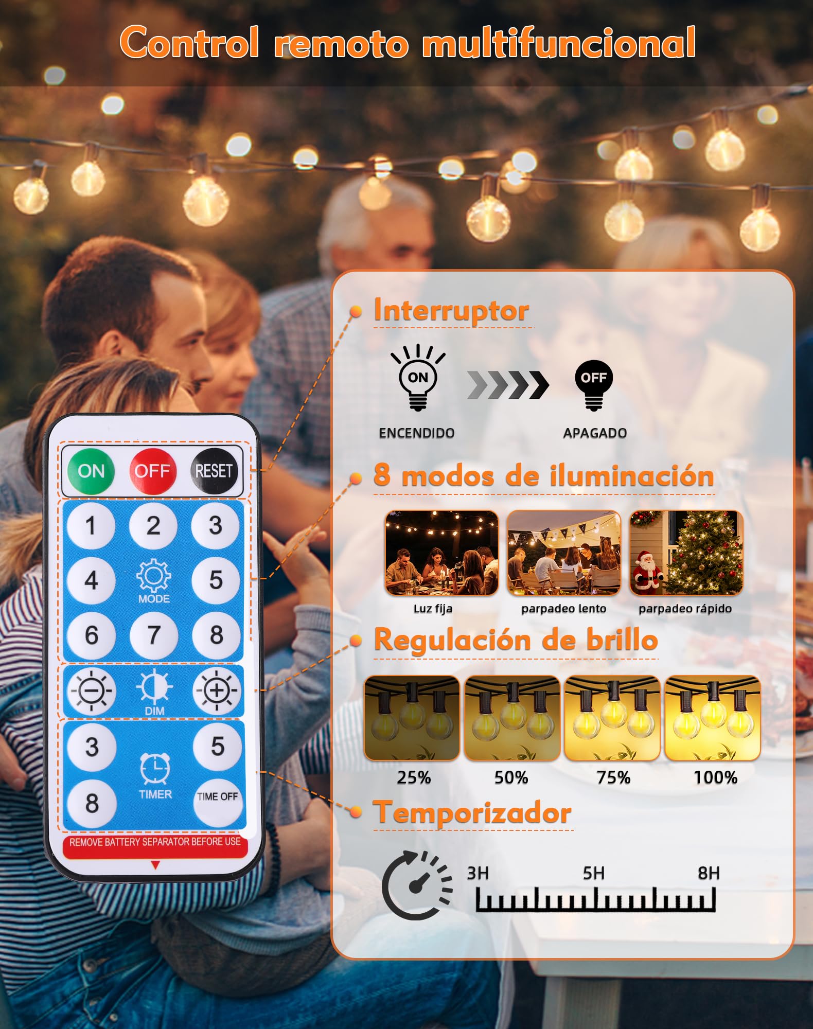 Guirnaldas Luces Exterior Solar, 10M Luces Solares LED Exterior Jardin con 15+1 Bombillas, 8 Modos Impermeable, Lámparas Solares de Jardín con Control Remoto para Patio Cafe Boda Fiesta