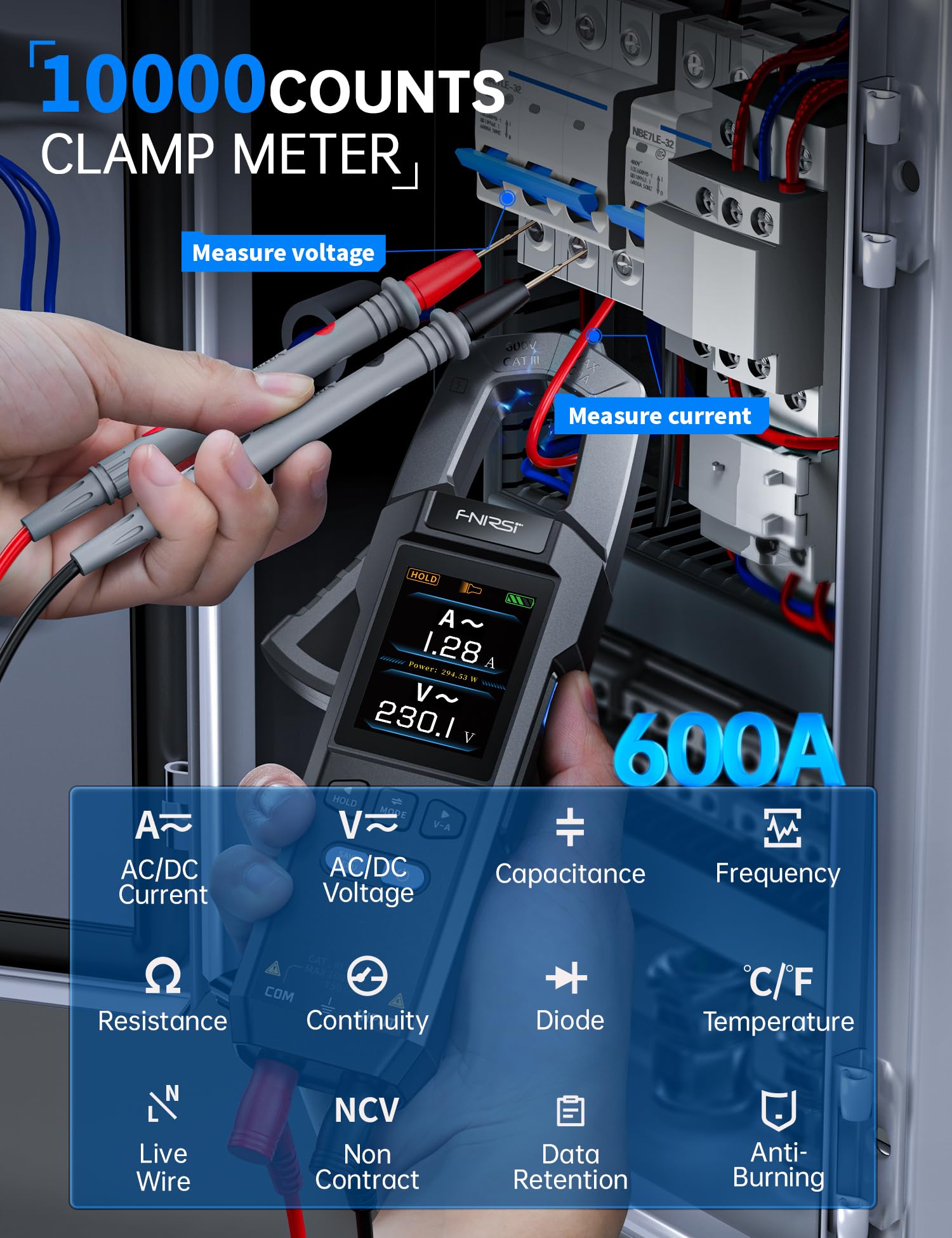 FNIRSI DMC-100 Multimetro Digitale a Pinza 9999 Conteggi TRMS, Amperometro Ricaricabile con Registrazione Della Curva 600A con Borsa Portaoggetti, NCV, Tensione Corrente CA/CC, Continuità, Capacità