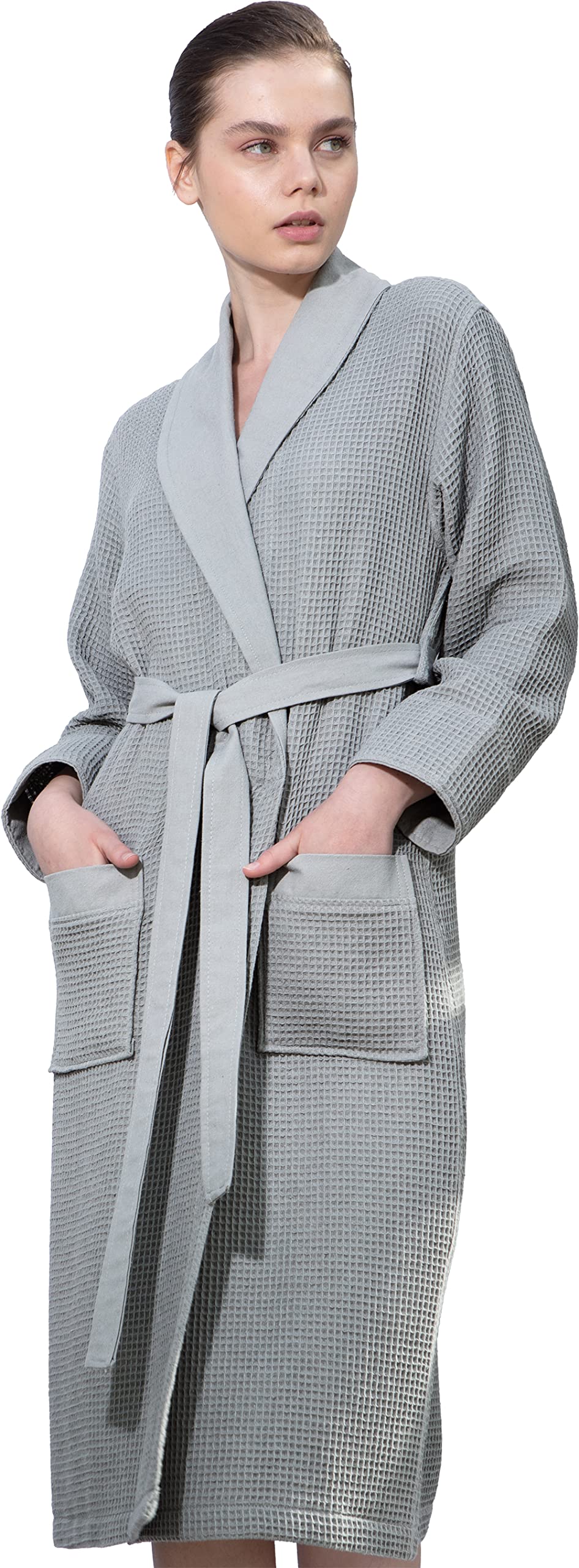SEYANTE Womens Organic Cotton Waffle Kimono Hooded Robe GOTS Certified Lightweight Full-Length Spa Bathrobe with Piping