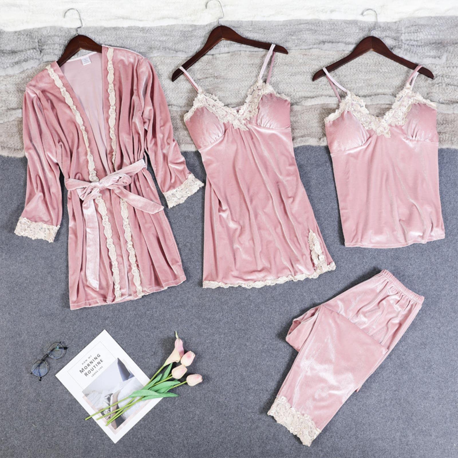 Pigiama Calda Pigiama Invernale Set Oro Velluto Oro 4 Pezzi Donne Sexy Pizzo Abito in Pizzo Pigiama Kit da Notte Kit da Notte Senza Maniche
