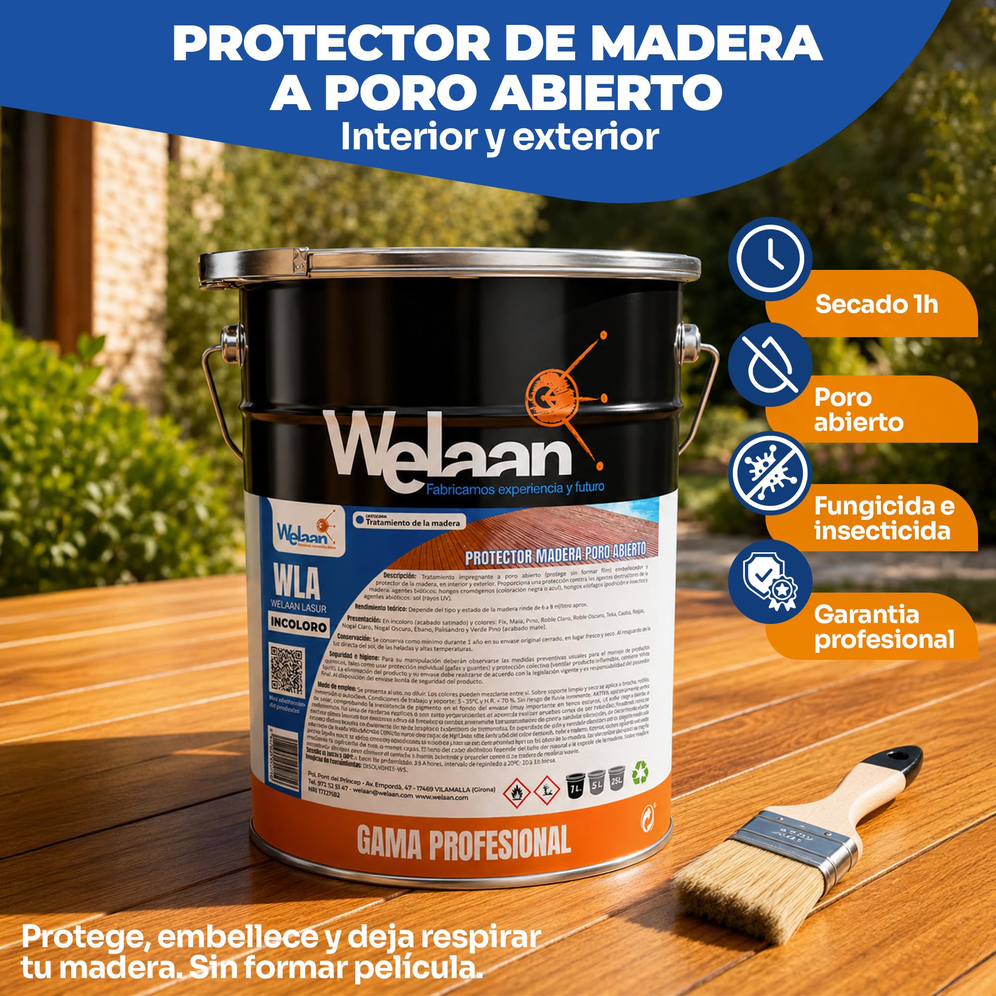 Lasur Protector Madera Exterior - Lasur Barniz Madera Exterior a Poro Abierto,Tarimas, Puertas, Vallas y Muebles - Barniz Madera Exterior Impermeabilizante, Resistente UV y Humedad (Roble Oscuro, 5L)
