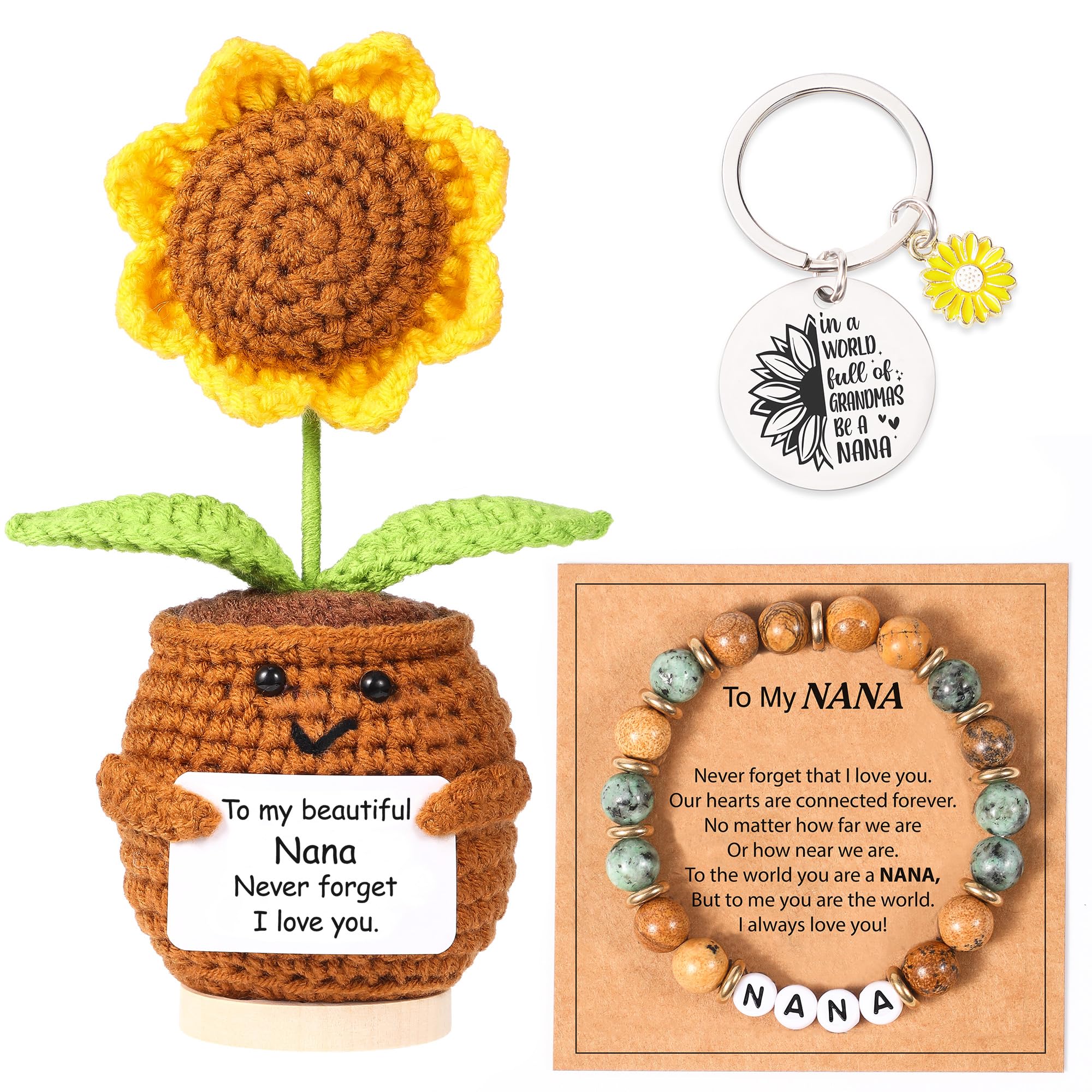Lamyba Nana Gifts for Christmas or Birthday, Crochet Sunflower Decor with Message Card, Natural Stone Adjustable Nana Bracelet and Keychain Set, Mothers Day Grandma Gifts for Nana Women
