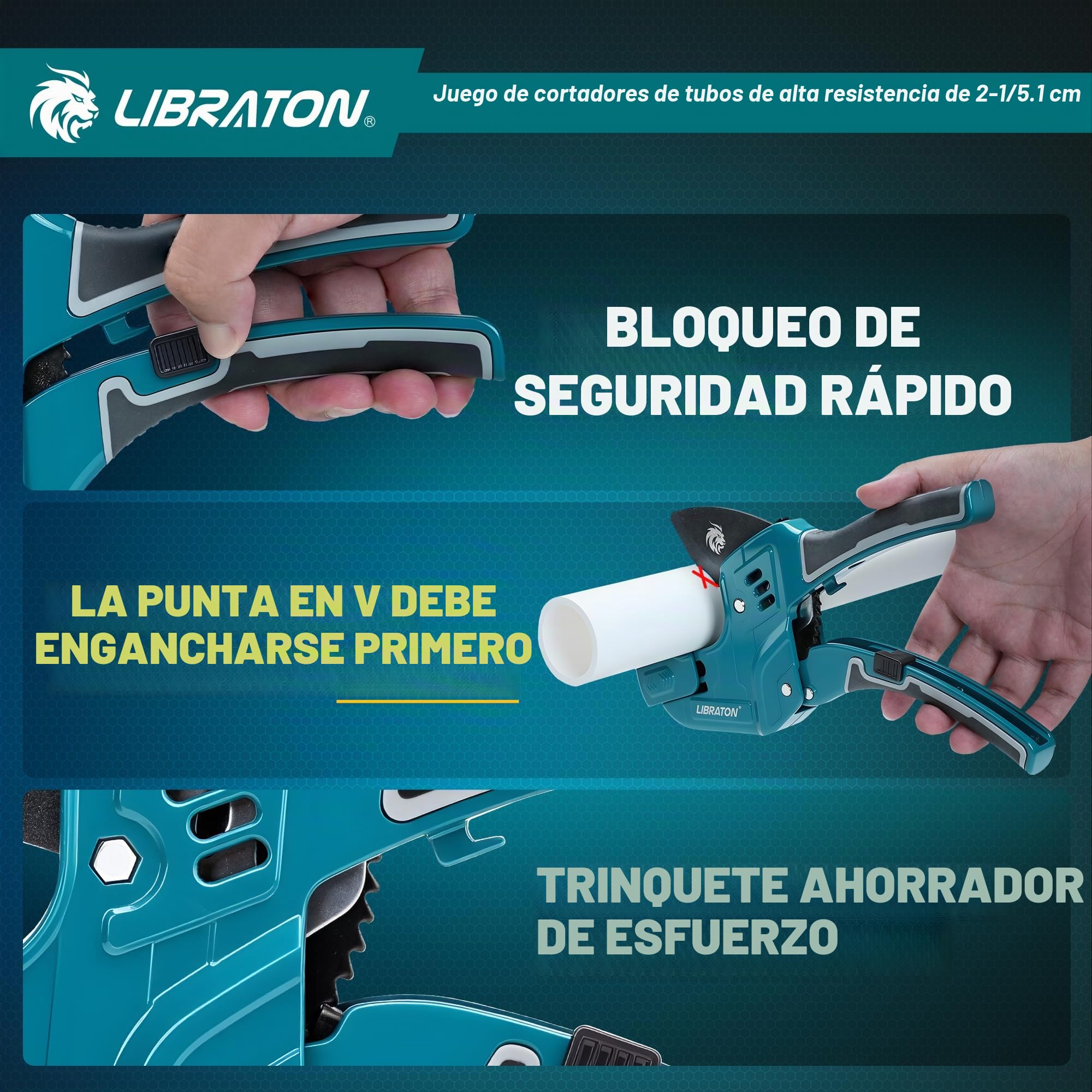 Libraton Cortatubos PVC, Cortatubos Plástico 63mm, Cortatubos con Trinquete, Cuchilla Intercambiable y Herramienta Desbarbadora, para Tubos PEX, PVC, PPR, Mangueras y Tuberías Sanitarias