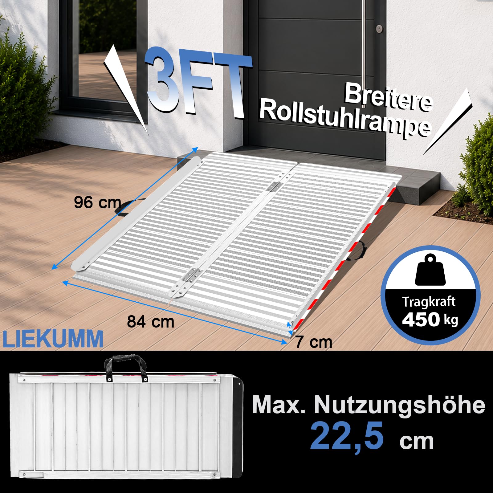 LIEKUMM Rollstuhlrampe 96 cm, 84 cm Verbreitert Rollstuhlrampe für Treppen, 450 kg Tragkraft Aluminium Rampe für Rollstuhl, Stufen, Bordsteine, Schwellenrampe für Elektro-Rollstuhl, Kinderwagen