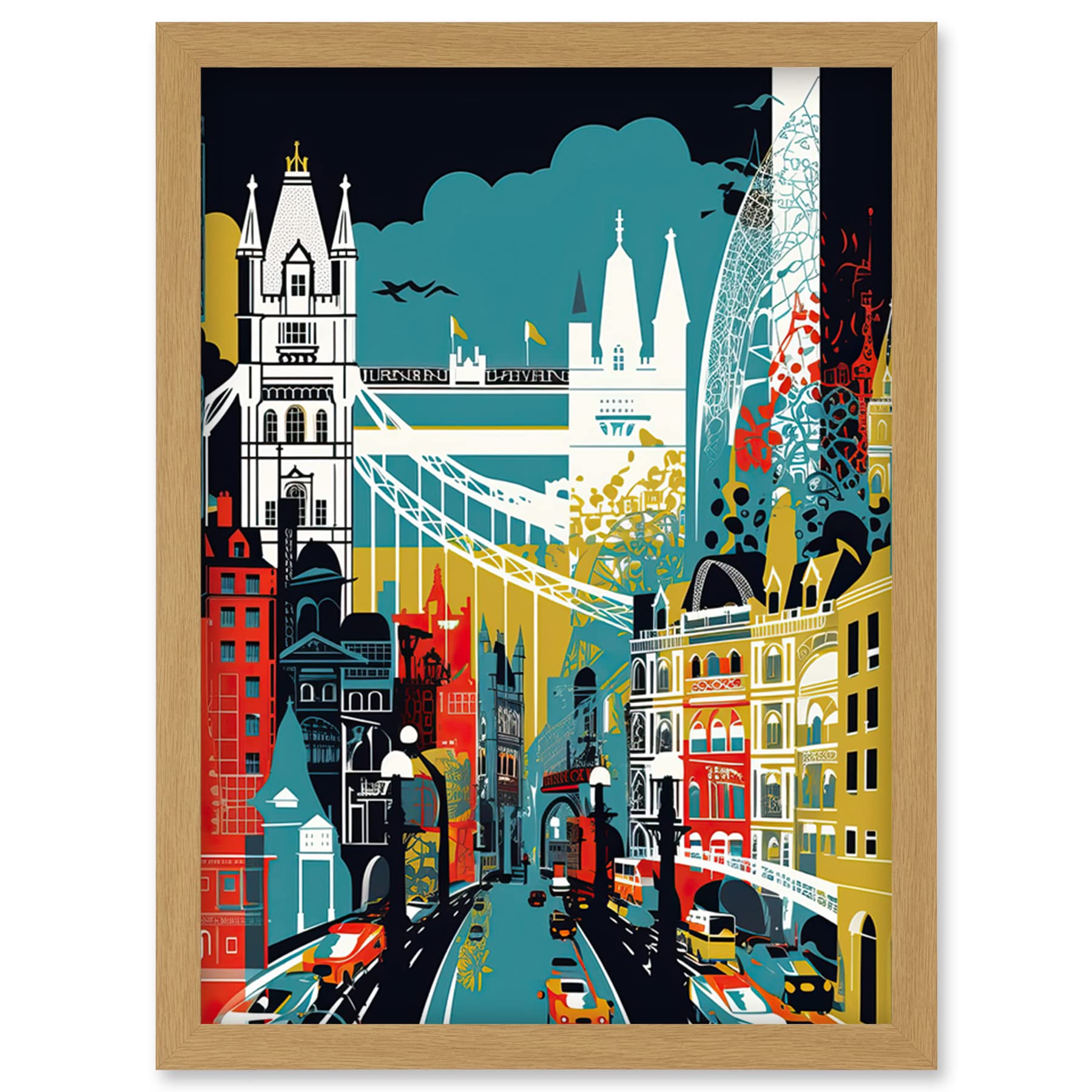Artery8 London Iconic Landmarks Modern Abstract Cityscape Artwork Framed Wall Art Print A4