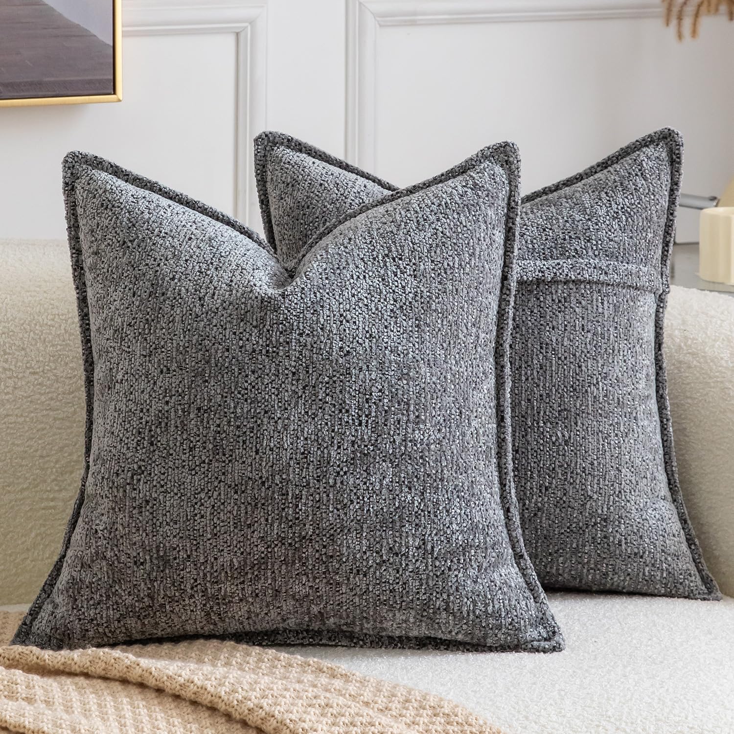 Madizz Pack of 2 Decorative Cushion Covers Boho Soft Textured Chenille Throw Pillows Solid Pillow Covers for Couch Sofa Bedroom Living Room 45x45 CM, Dark Grey