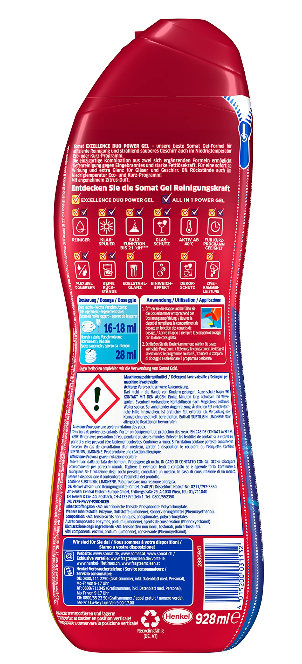 Somat Excellence Duo Power Gel (10 x 58 Spülgänge) Spülmittel für die Spülmaschine für strahlend sauberes Geschirr auch im Eco-Programm & bei niedrigen Temperaturen, Zitrone & Limette