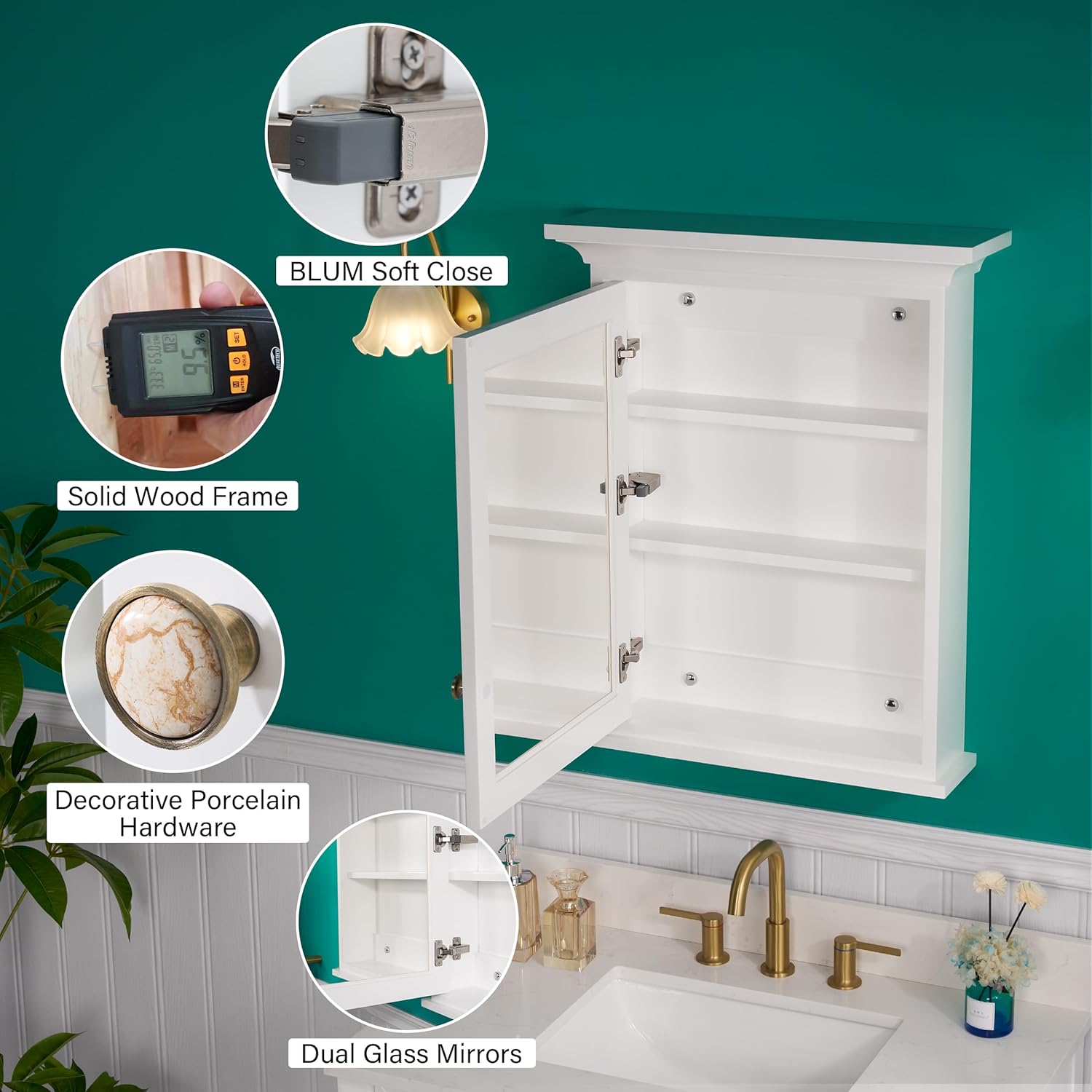 WELLFOR 24"x 30" Wall Mount Wood Medicine Cabinet with Double-Side Mirrors, Solid Wood Mirror Cabinet Storage with Built-in 2 Shelves and Soft-Close Door, Bathroom Cabinet with Metal Alloy Hardware