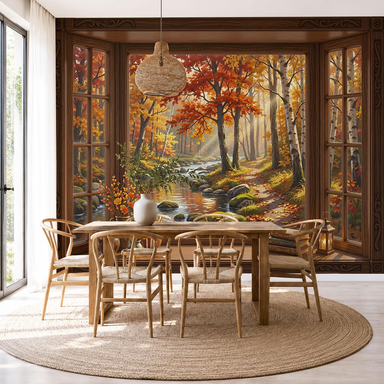 Papier peint forêt de bouleaux panoramique de luxe en soie murale style d'époque