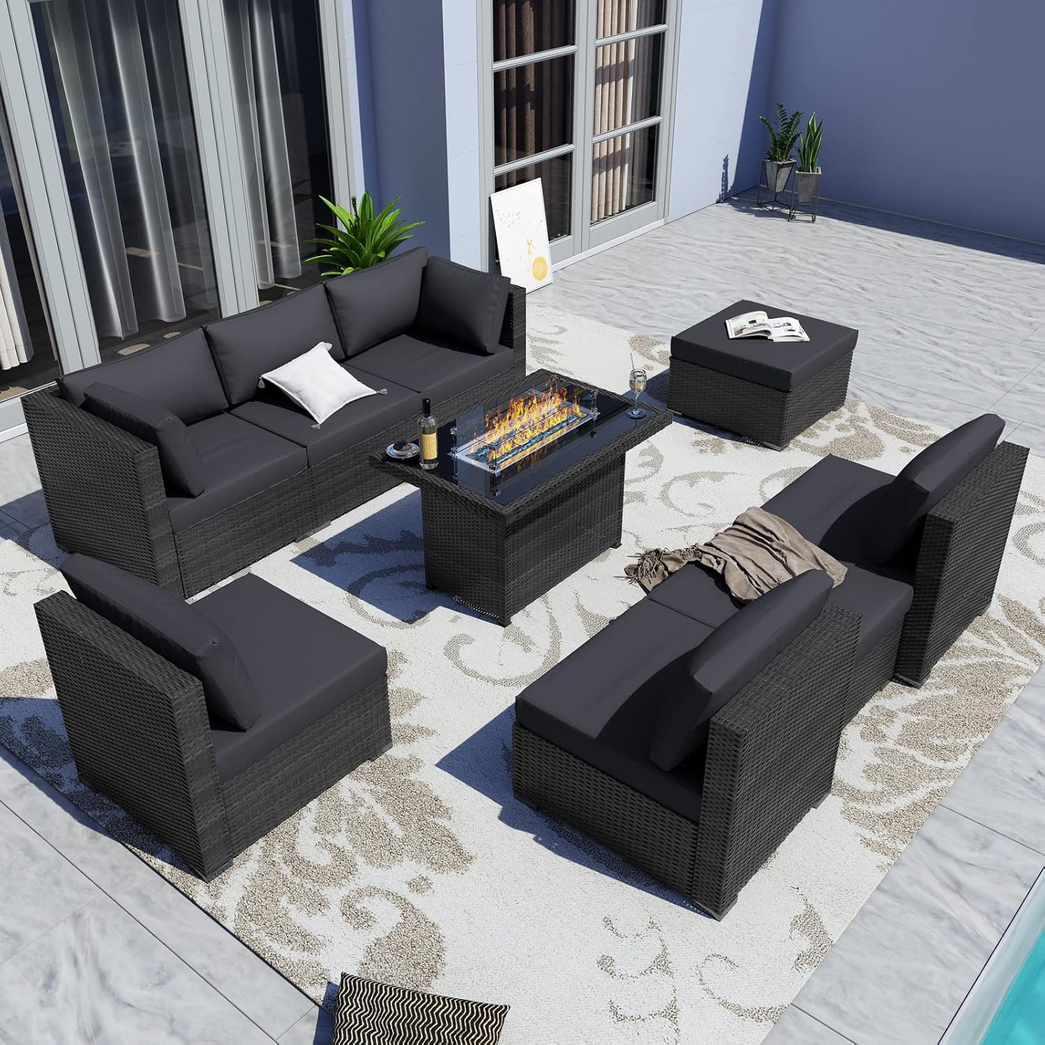 BULEXYARD 9PCS Large Outdoor Patio Furniture Set with Propane Fire Pit Table, High Back Wicker Patio Sectional Furniture PE Rattan Sofa Conversation Sets w/CSA Approved 43" Gas Fire Pit (Dark Grey) : Patio, Lawn & Garden