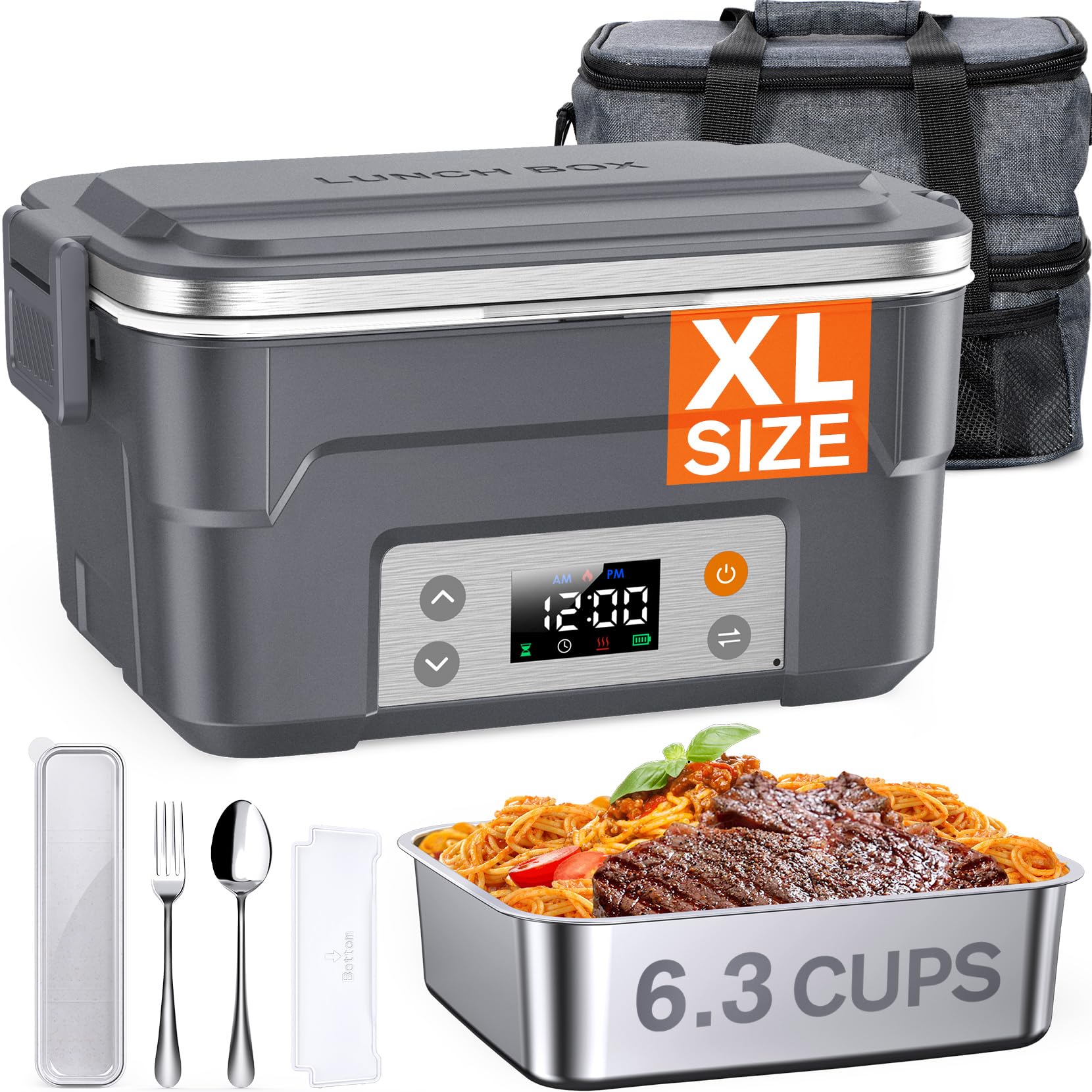 EAST OAK XL 6 3-Cup Cordless Electric Lunch Box for Adults Heated Lunch Box for Men with Scheduled