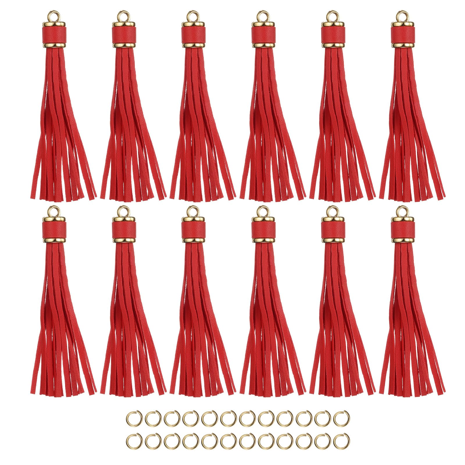 Borlas de piel sintética con llavero rojo y anillos para hacer joyas y manualidades