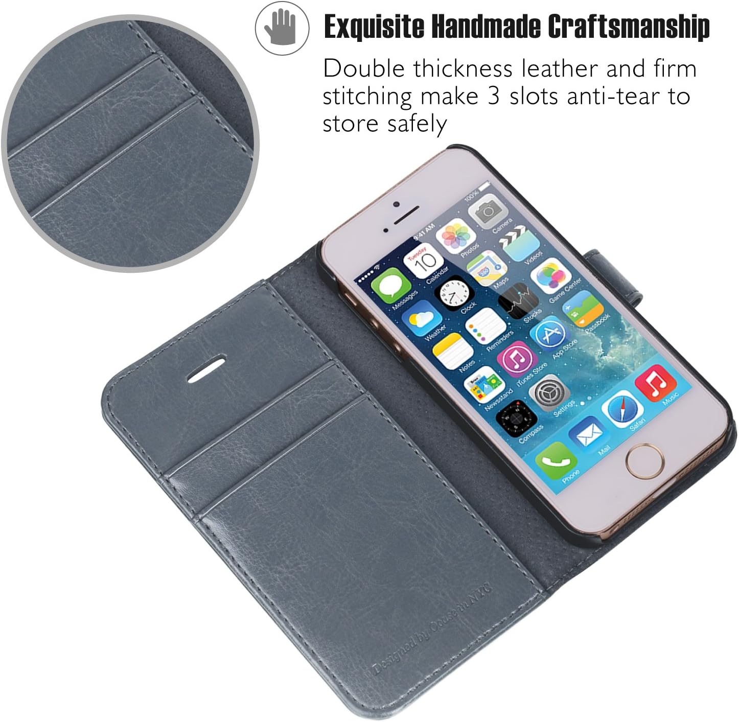 OCASE iPhone 5 Case iPhone 5S Case [Card Slot] [Kickstand] Leather Wallet Flip Case for iPhone 5 / 5S / SE Devices - Gray