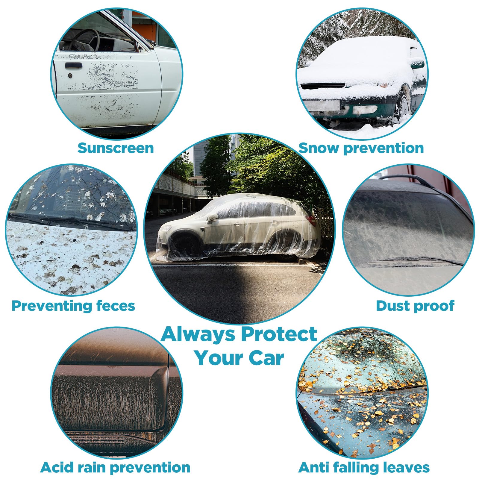 Molain 4 Pack Disposable Car Cover Clear Plastic Car Cover Waterproof Universal Rain Dust Garage Covers with Elastic — view 7