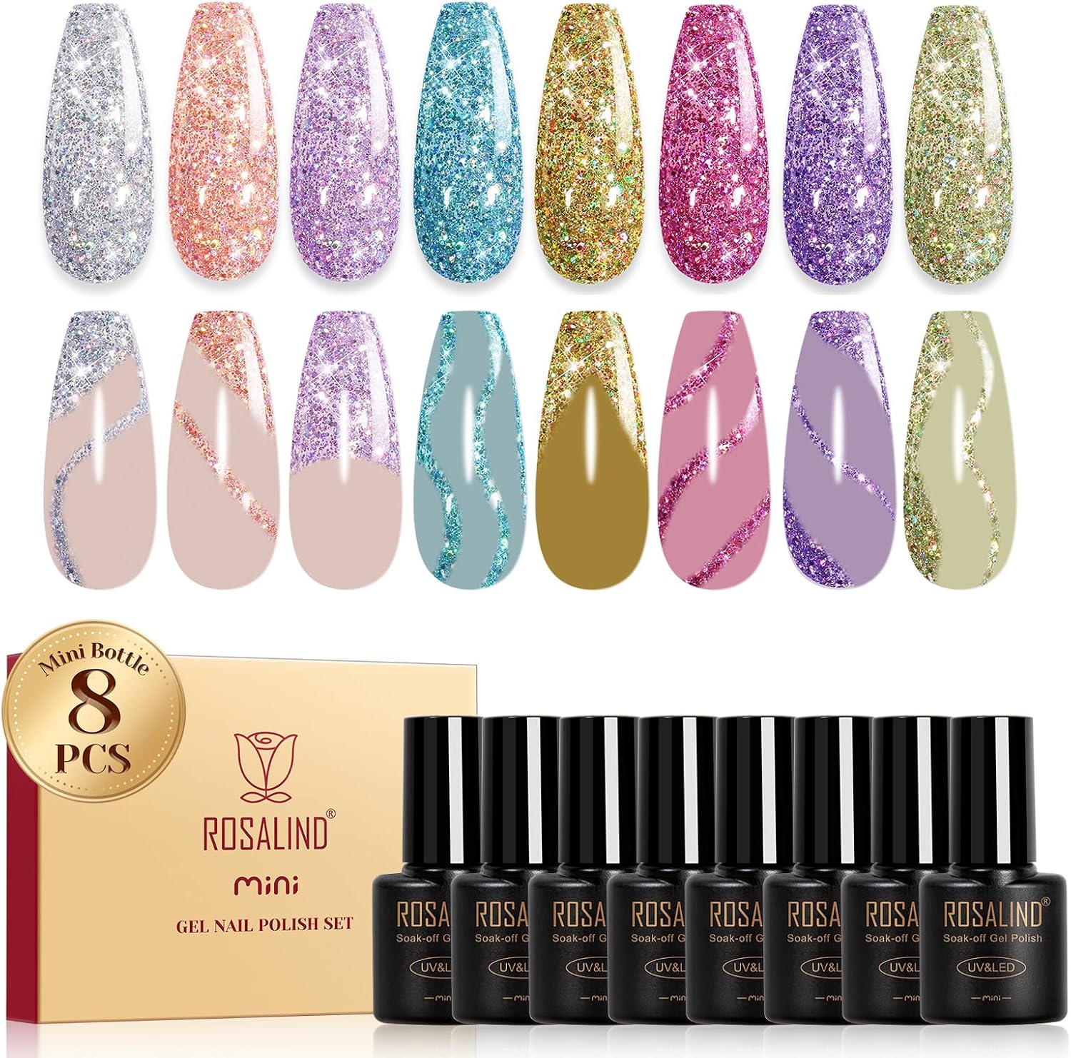 ROSALIND Lakier do paznokci UV z brokatem, 8 kolorów, różowy, niebieski, srebrny, złoty, fioletowy, brokatowy, żelowy, Soak-Off, mini kolorowy żel UV do stylizacji paznokci, manicure, prezent