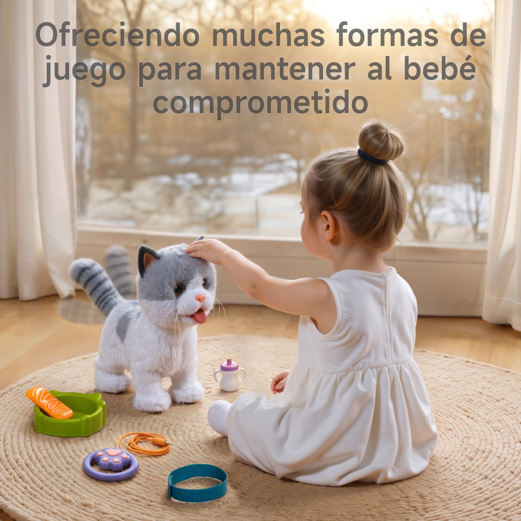 OR OR TU Juguetes Gatito para Niños Gato Peluche Mascotas Electrónicas Gatito, Camina sobre un Plomo Lamiendo Gatito, Juguetes Realistas Interactivos Gato para Niños 3 4 5 6 7+ Años Regalo