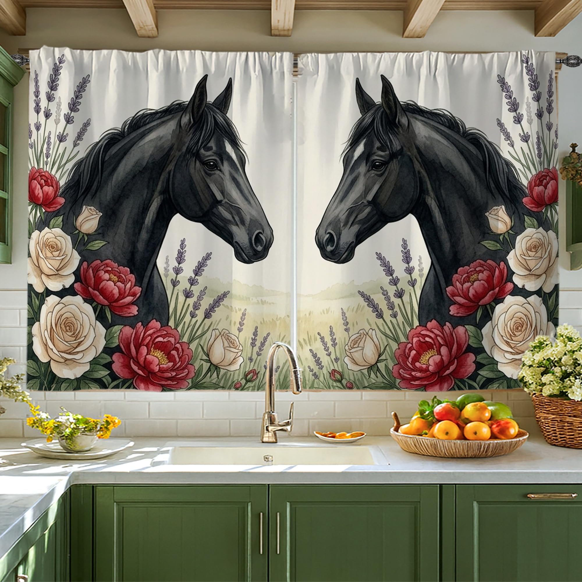 Rideaux de cuisine cheval et lavande rustiques pour fenêtre au-dessus de l'évier 106x114 cm