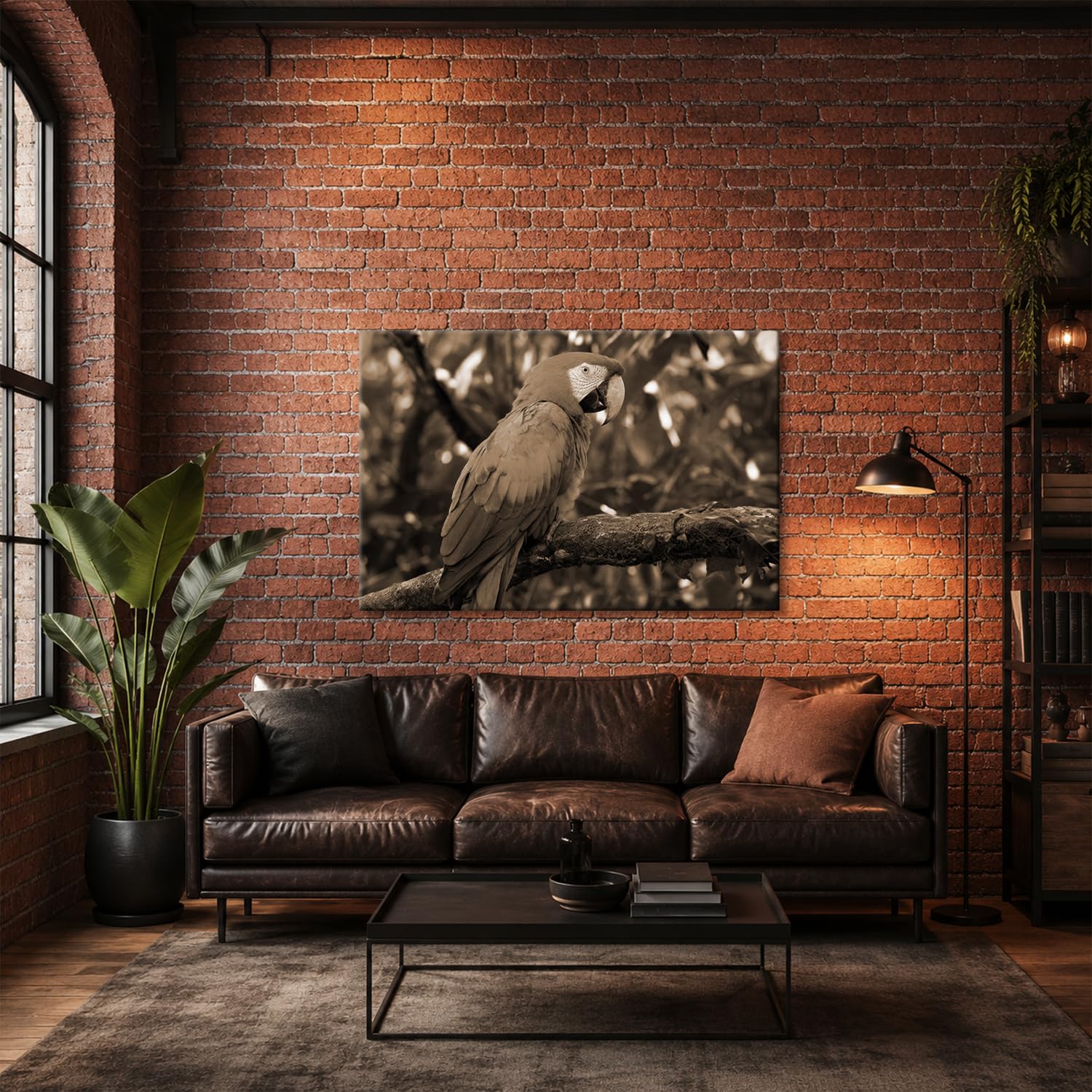 deyoli Obraz na płótnie Kolorowa papuga na gałęzi w lesie 70 x 50 cm Sepia | Format poziomy, jednoczęściowy druk artystyczny XXL, obraz na blejtramie, obraz na płótnie, obraz ścienny, dekoracja salonu