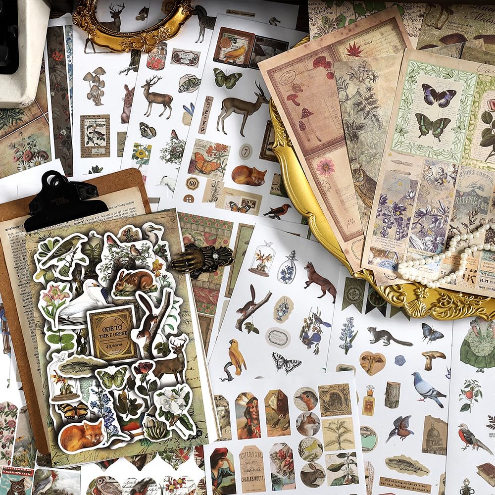 Prstincol Vintage Washi Aufkleber und Papiere für Scrapbooking, Ephemera-Buch für Kunstjournaling mit Naturwald-Themen-Aufklebern und Decoupage-Papieren für Junk Journal Bullet Journal
