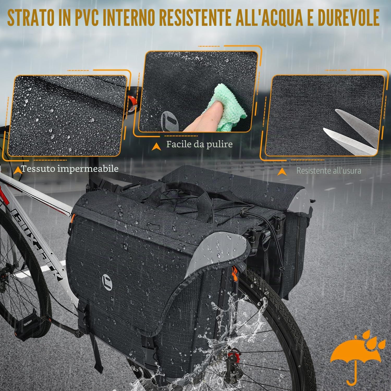 WOTOW Accessori per bici Borse laterali per bicicletta - Borsa per portapacchi posteriore per bici resistente all'acqua da 35 litri con finiture e maniglia riflettenti, borse da sella per bici